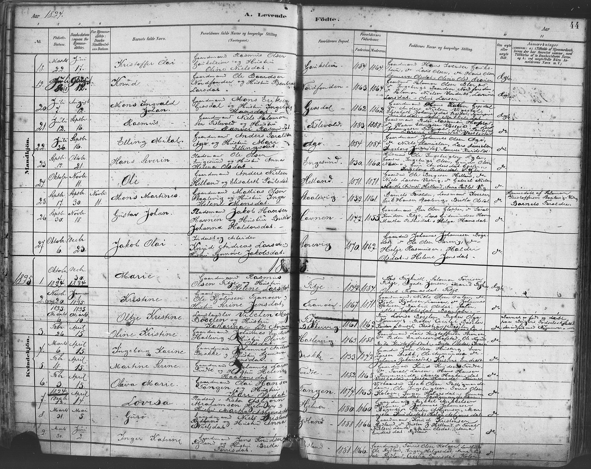 Fitjar sokneprestembete, SAB/A-99926: Parish register (official) no. A 2, 1882-1899, p. 44