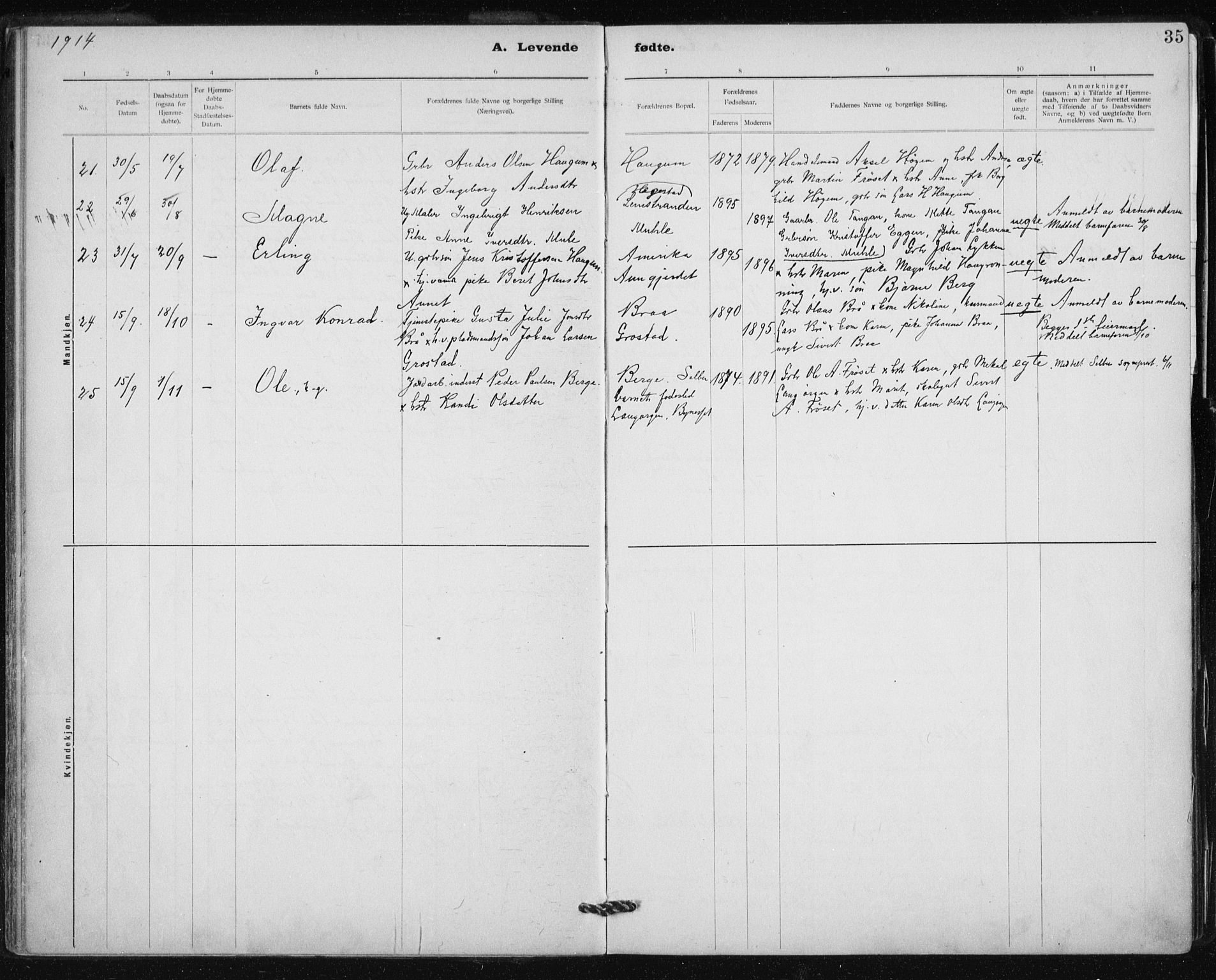 Ministerialprotokoller, klokkerbøker og fødselsregistre - Sør-Trøndelag, SAT/A-1456/612/L0381: Parish register (official) no. 612A13, 1907-1923, p. 35
