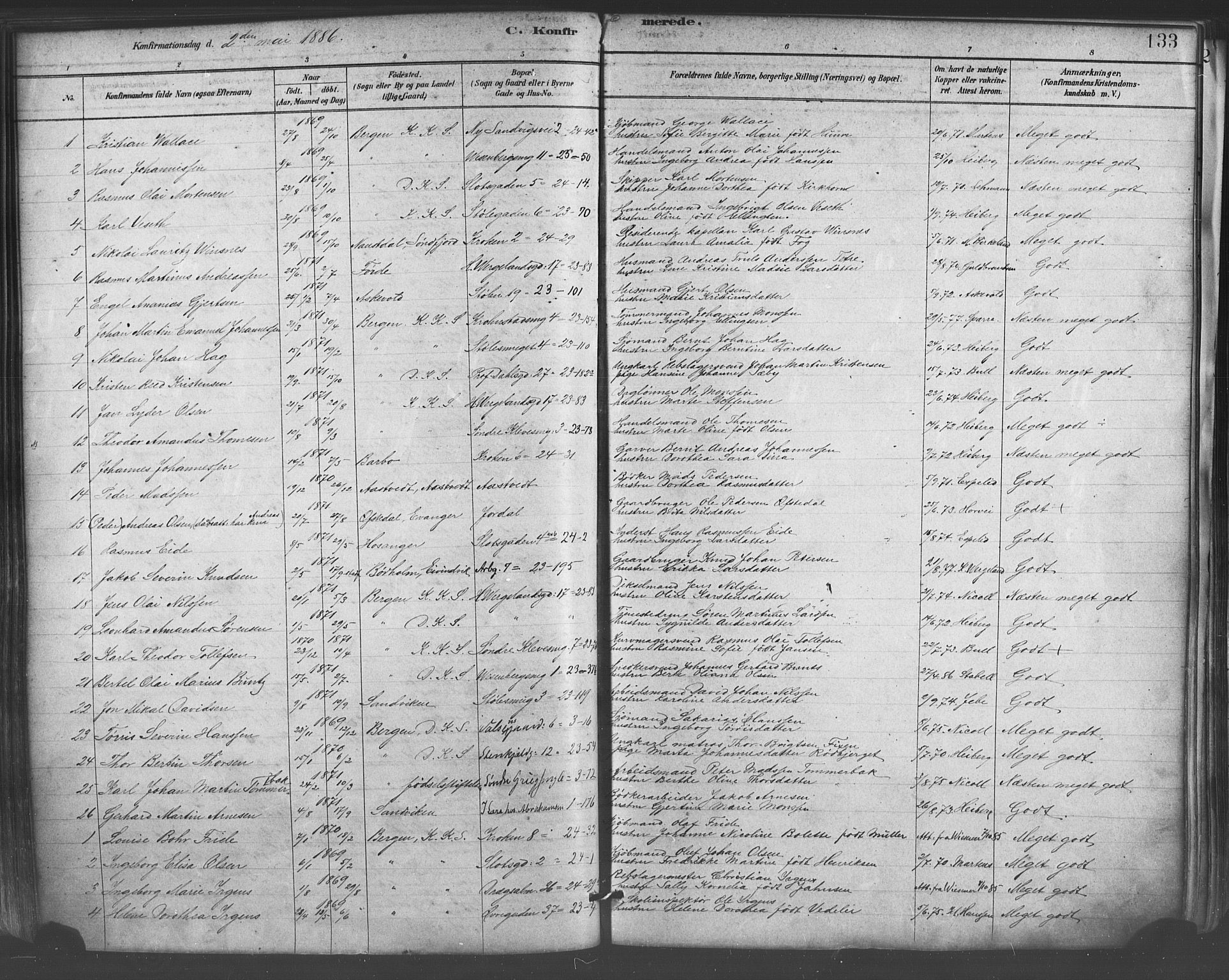 Mariakirken Sokneprestembete, SAB/A-76901/H/Haa/L0007: Parish register (official) no. A 7, 1878-1893, p. 133