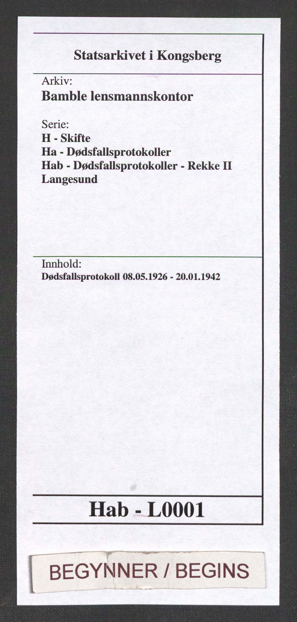 Bamble lensmannskontor, AV/SAKO-A-552/H/Ha/Hab/L0001: Dødsfallsprotokoll, 1926-1942