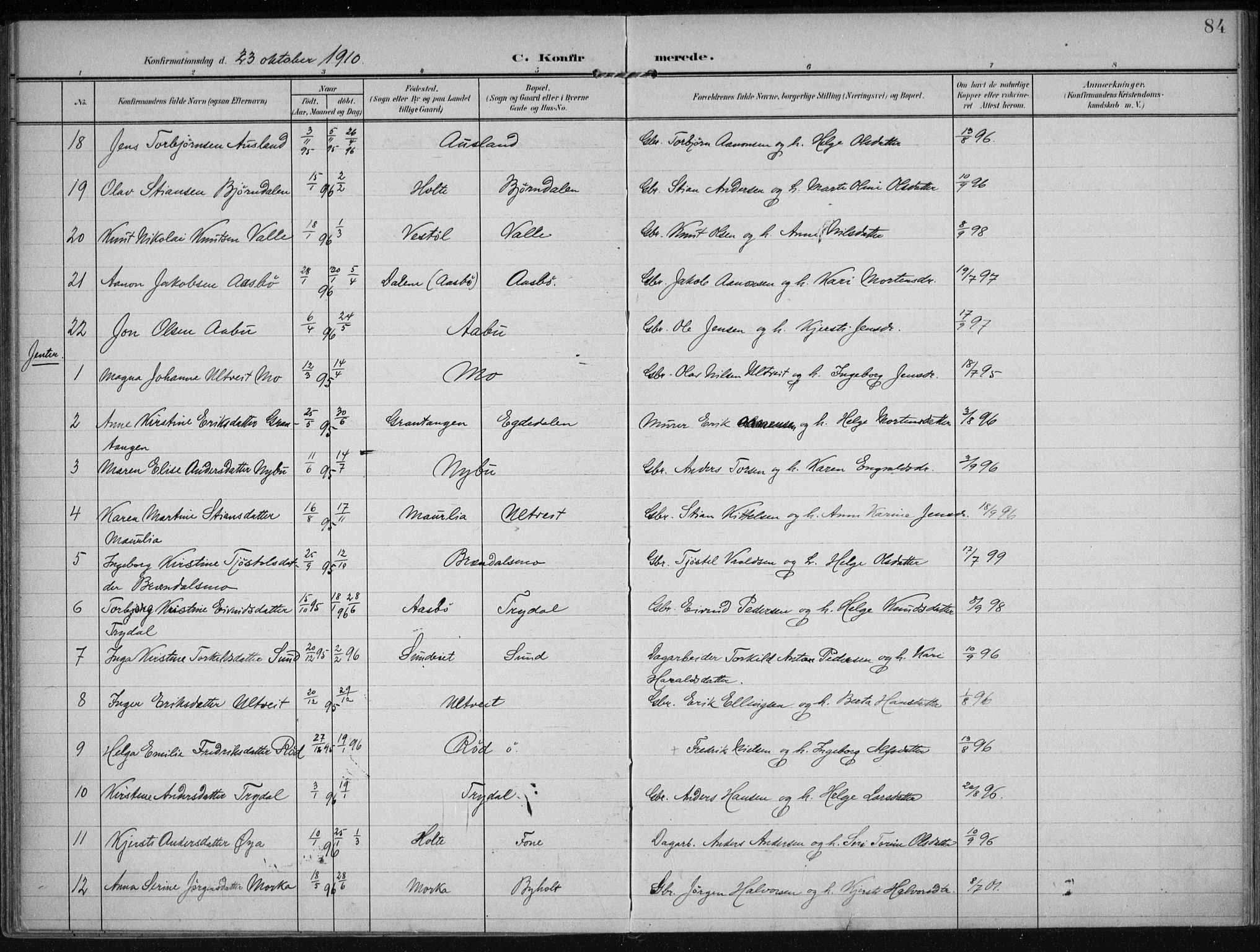 Gjerstad sokneprestkontor, AV/SAK-1111-0014/F/Fa/Faa/L0011: Parish register (official) no. A 11, 1903-1914, p. 84