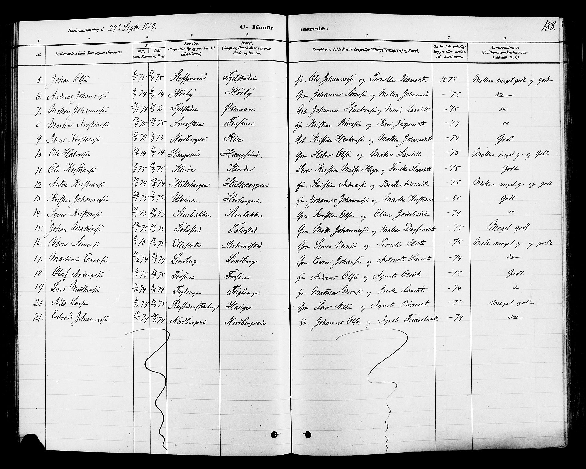 Ringsaker prestekontor, SAH/PREST-014/L/La/L0009: Parish register (copy) no. 9, 1879-1890, p. 188