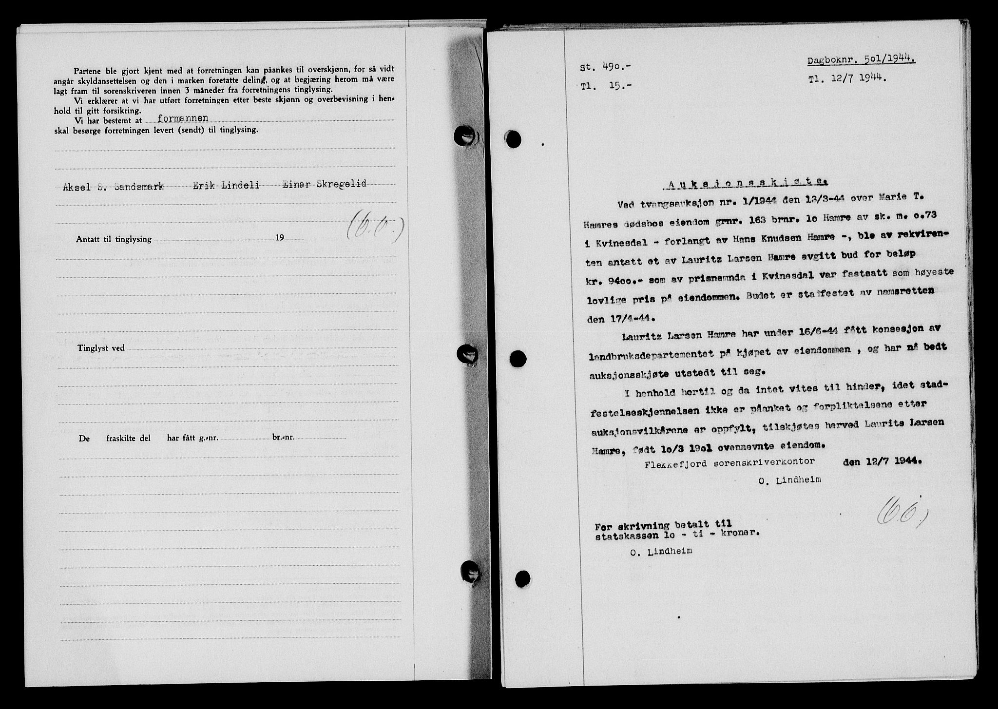Flekkefjord sorenskriveri, SAK/1221-0001/G/Gb/Gba/L0059: Mortgage book no. A-7, 1944-1945, Diary no: : 501/1944
