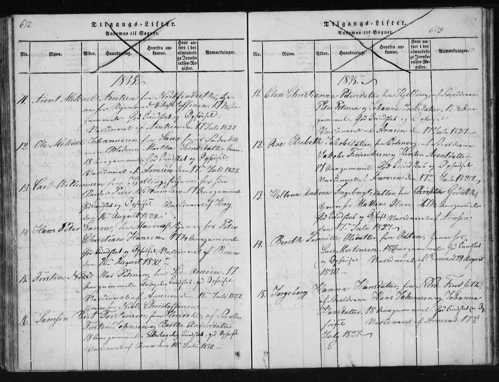 Ministerialprotokoller, klokkerbøker og fødselsregistre - Nordland, AV/SAT-A-1459/805/L0096: Parish register (official) no. 805A03, 1820-1837, p. 612-613