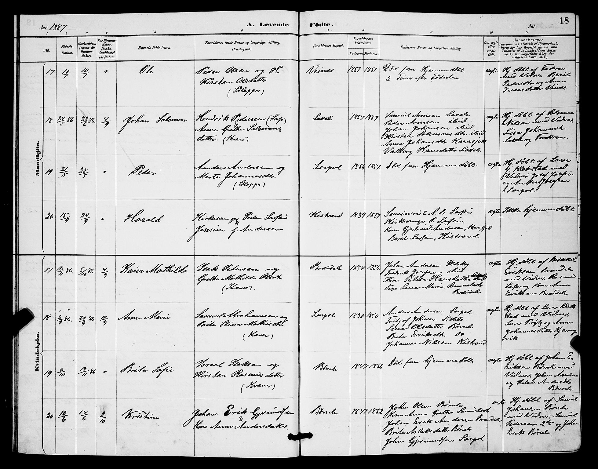 Kistrand/Porsanger sokneprestembete, AV/SATØ-S-1351/H/Hb/L0004.klokk: Parish register (copy) no. 4, 1885-1894, p. 18