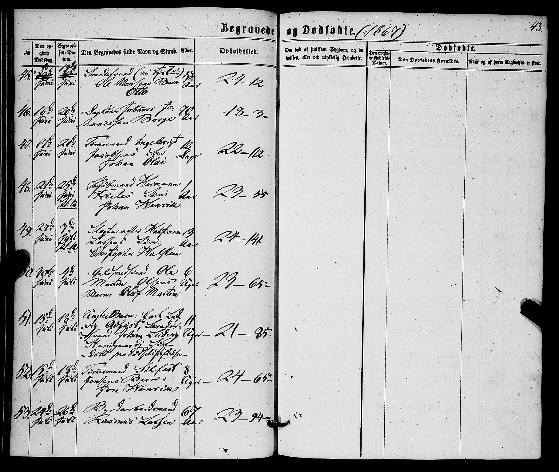 Korskirken sokneprestembete, AV/SAB-A-76101/H/Haa/L0045: Parish register (official) no. E 3, 1863-1875, p. 43