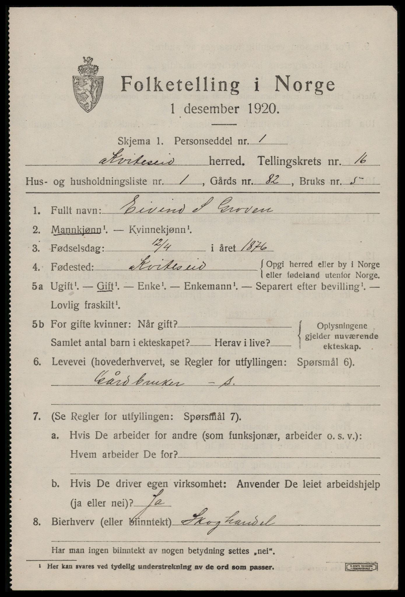 SAKO, 1920 census for Kviteseid, 1920, p. 7341