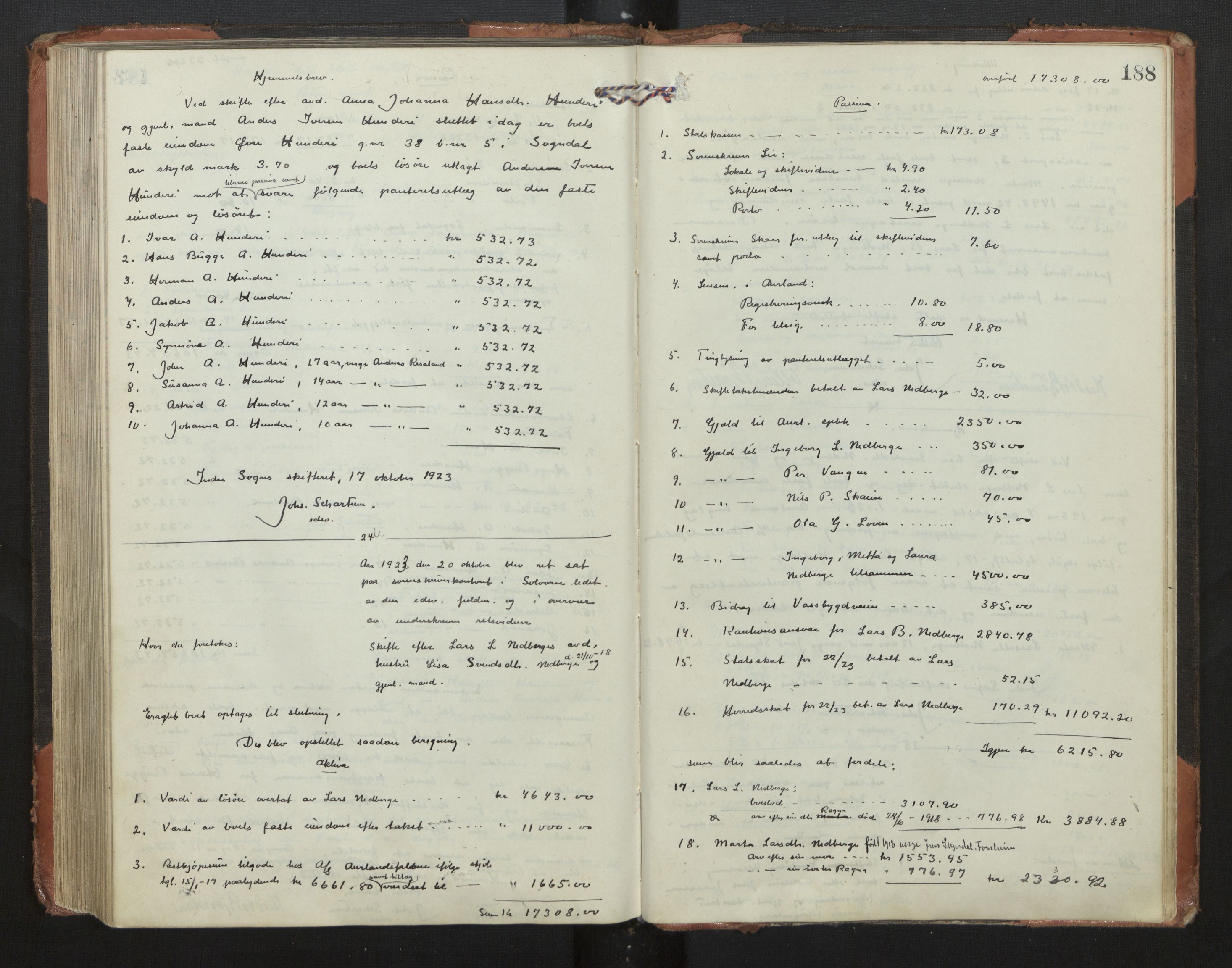 Indre Sogn tingrett, AV/SAB-A-3301/1/H/Hd/L0008: Skifteutlodningsprotokoll 8, 1912-1923, p. 187b-188a