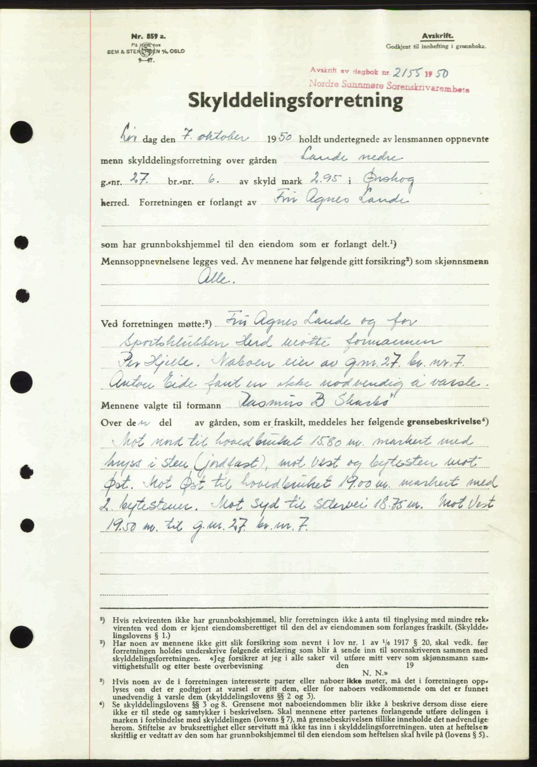 Nordre Sunnmøre sorenskriveri, AV/SAT-A-0006/1/2/2C/2Ca: Mortgage book no. A36, 1950-1950, Diary no: : 2155/1950