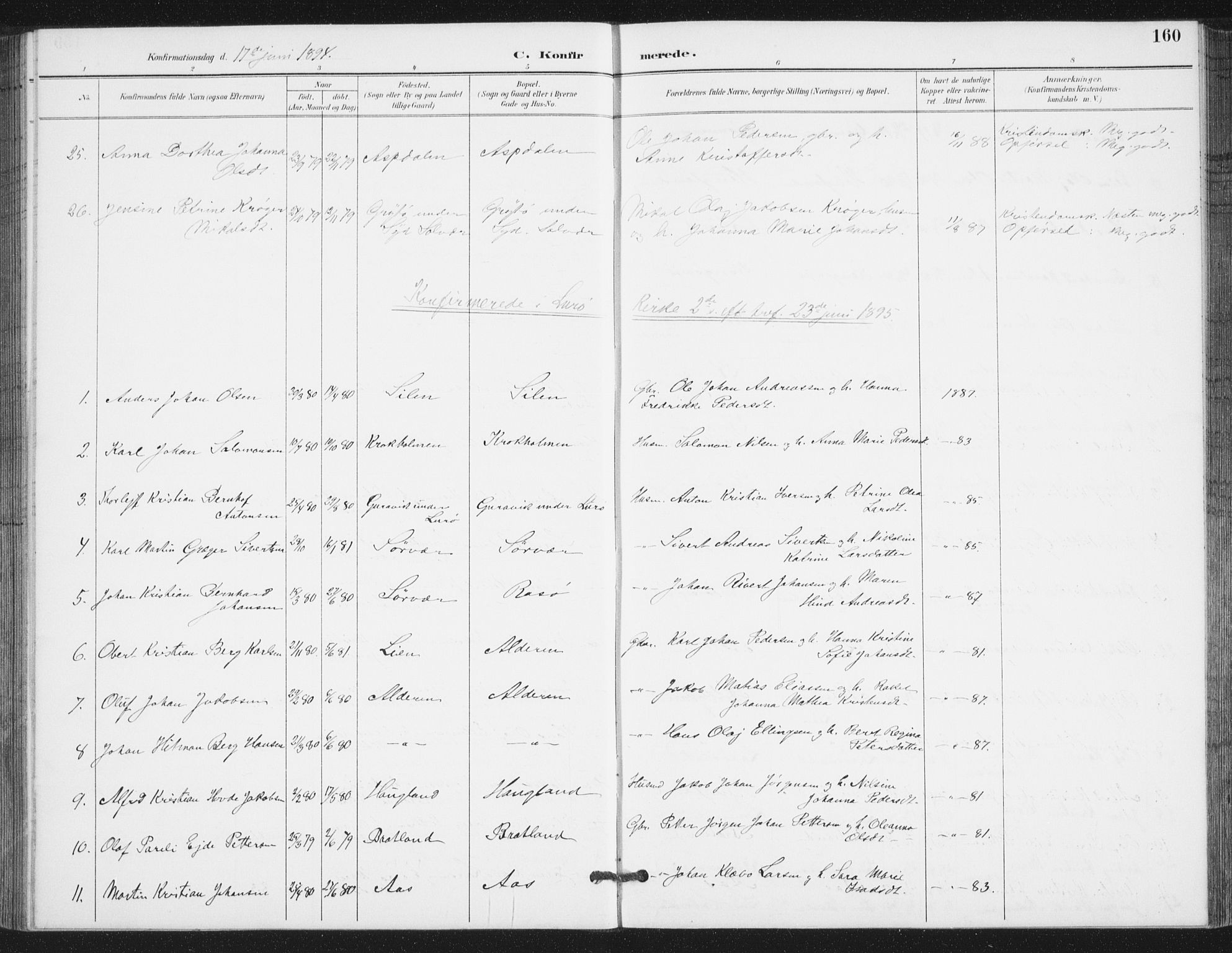 Ministerialprotokoller, klokkerbøker og fødselsregistre - Nordland, AV/SAT-A-1459/839/L0573: Parish register (copy) no. 839C03, 1892-1917, p. 160