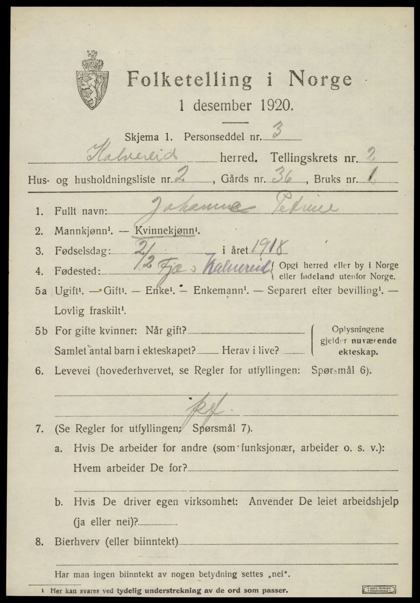 SAT, 1920 census for Kolvereid, 1920, p. 1511