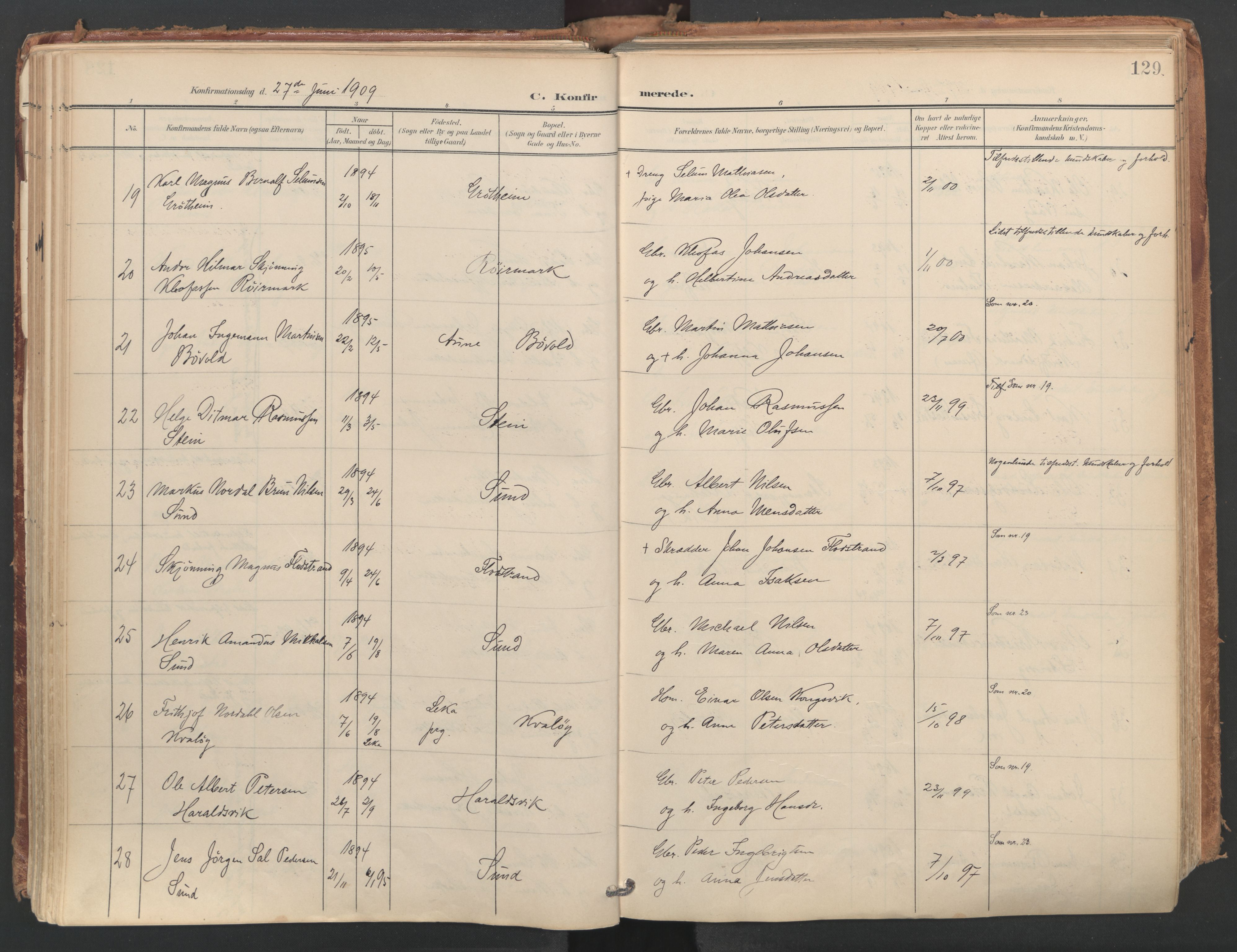 Ministerialprotokoller, klokkerbøker og fødselsregistre - Nordland, AV/SAT-A-1459/812/L0180: Parish register (official) no. 812A09, 1901-1915, p. 129