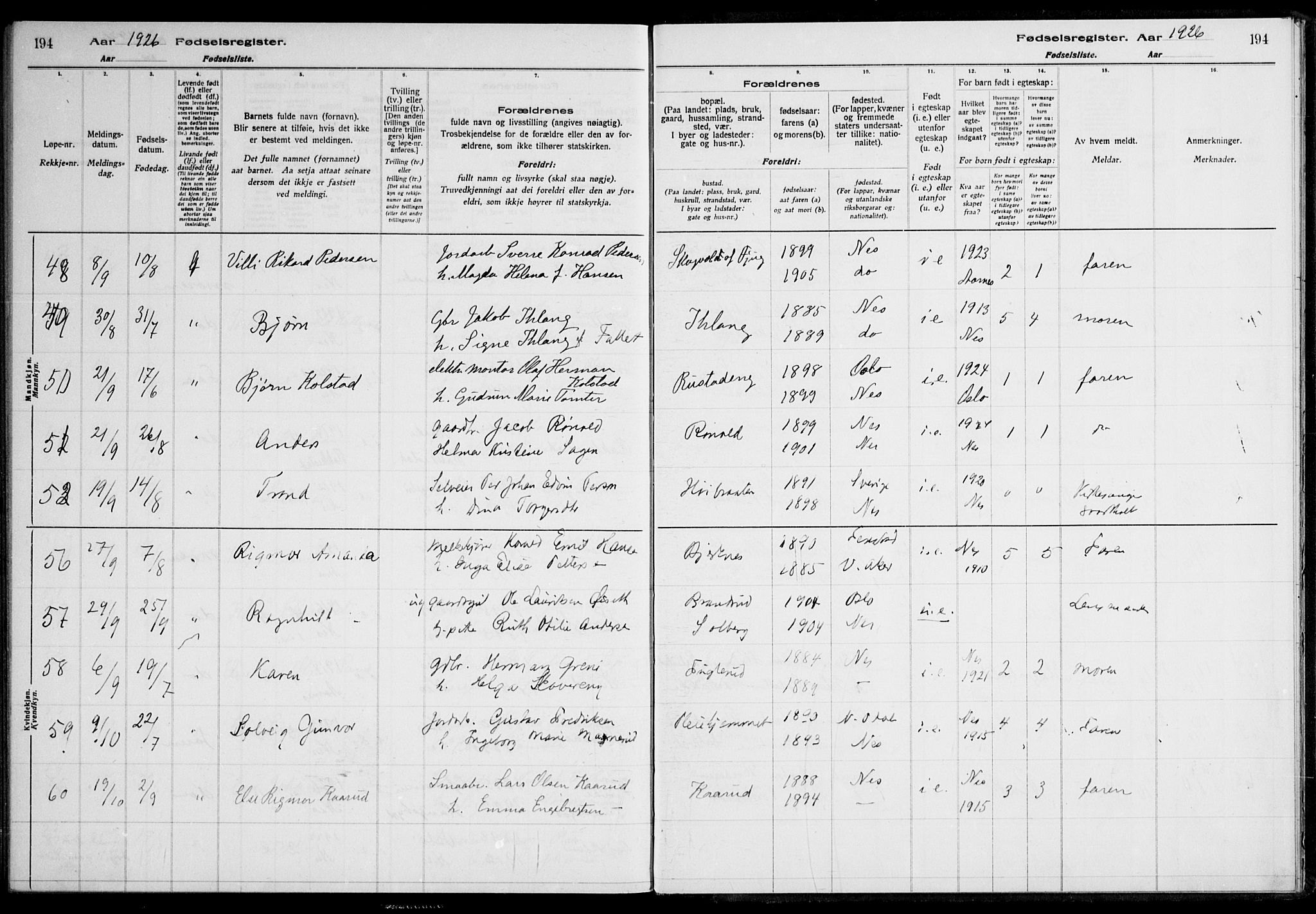 Nes prestekontor Kirkebøker, AV/SAO-A-10410/J/Ja/L0001: Birth register no. 1, 1916-1926, p. 194