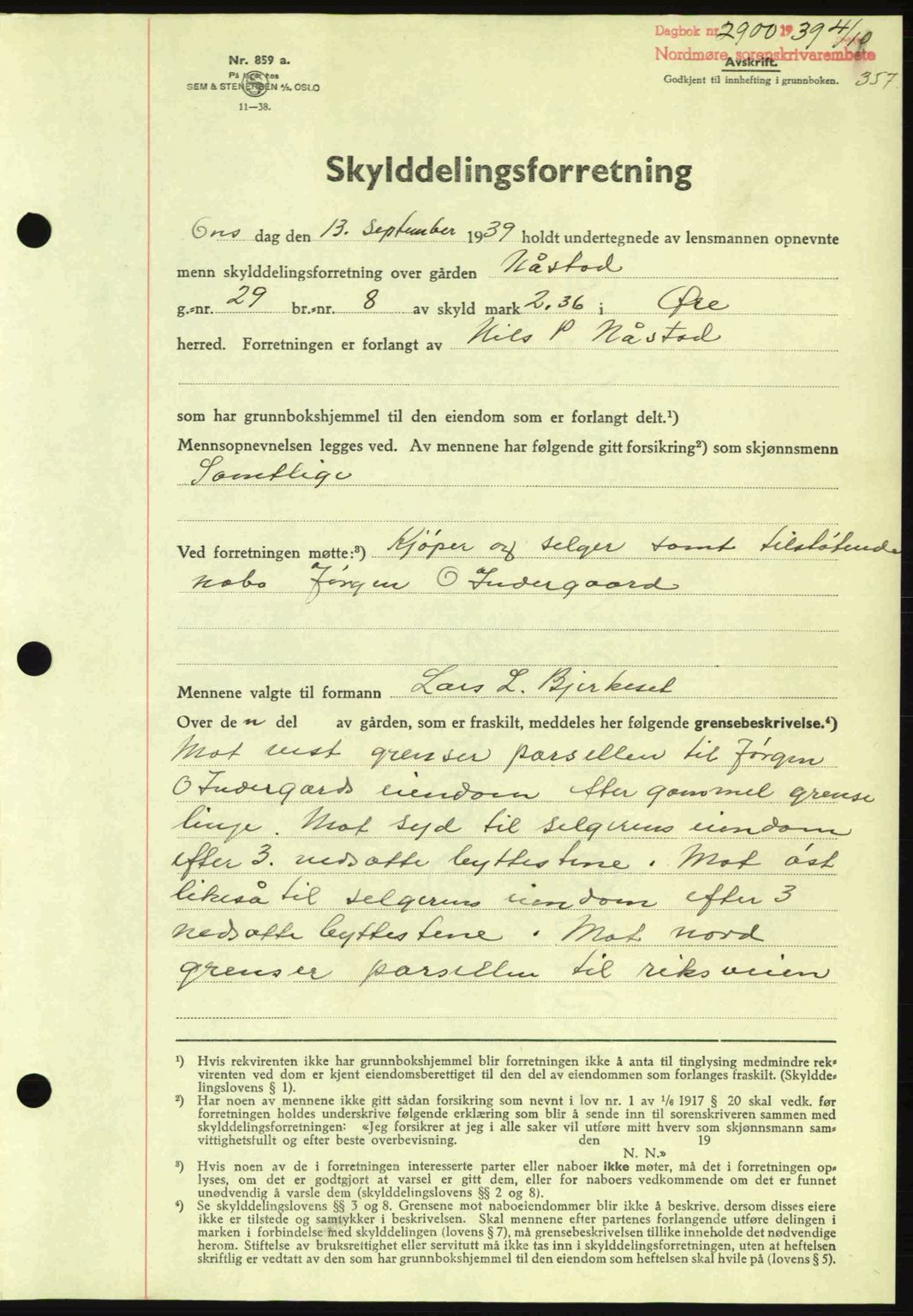 Nordmøre sorenskriveri, AV/SAT-A-4132/1/2/2Ca: Mortgage book no. A87, 1939-1940, Diary no: : 2900/1939