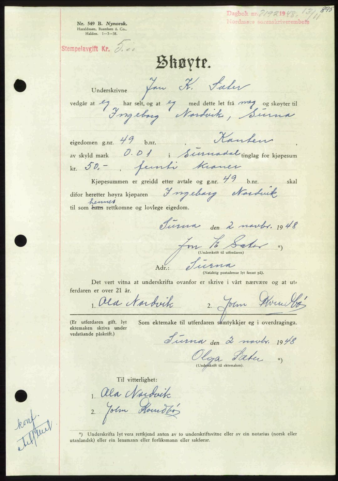 Nordmøre sorenskriveri, AV/SAT-A-4132/1/2/2Ca: Mortgage book no. A109, 1948-1948, Diary no: : 3192/1948