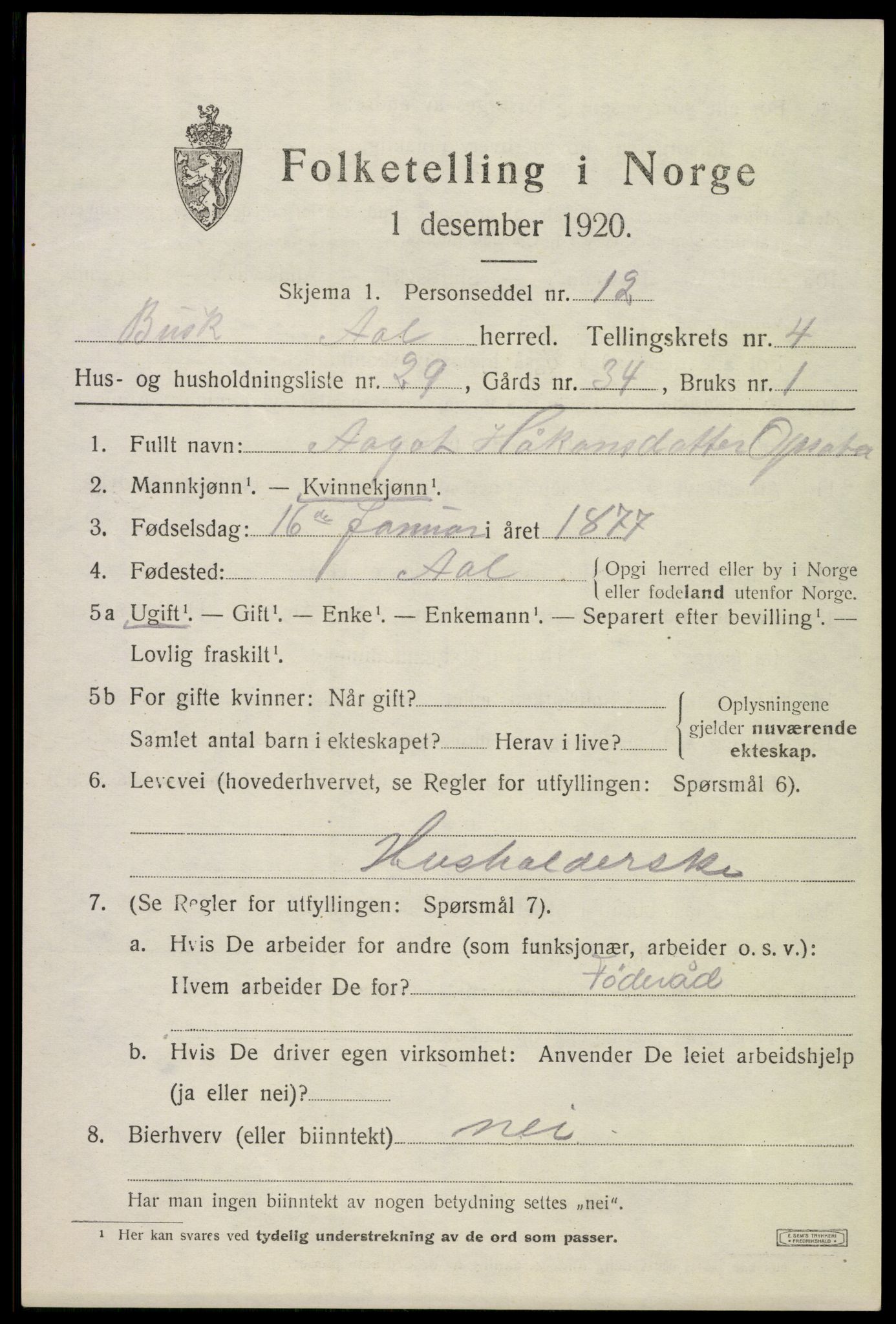 SAKO, 1920 census for Ål, 1920, p. 3320