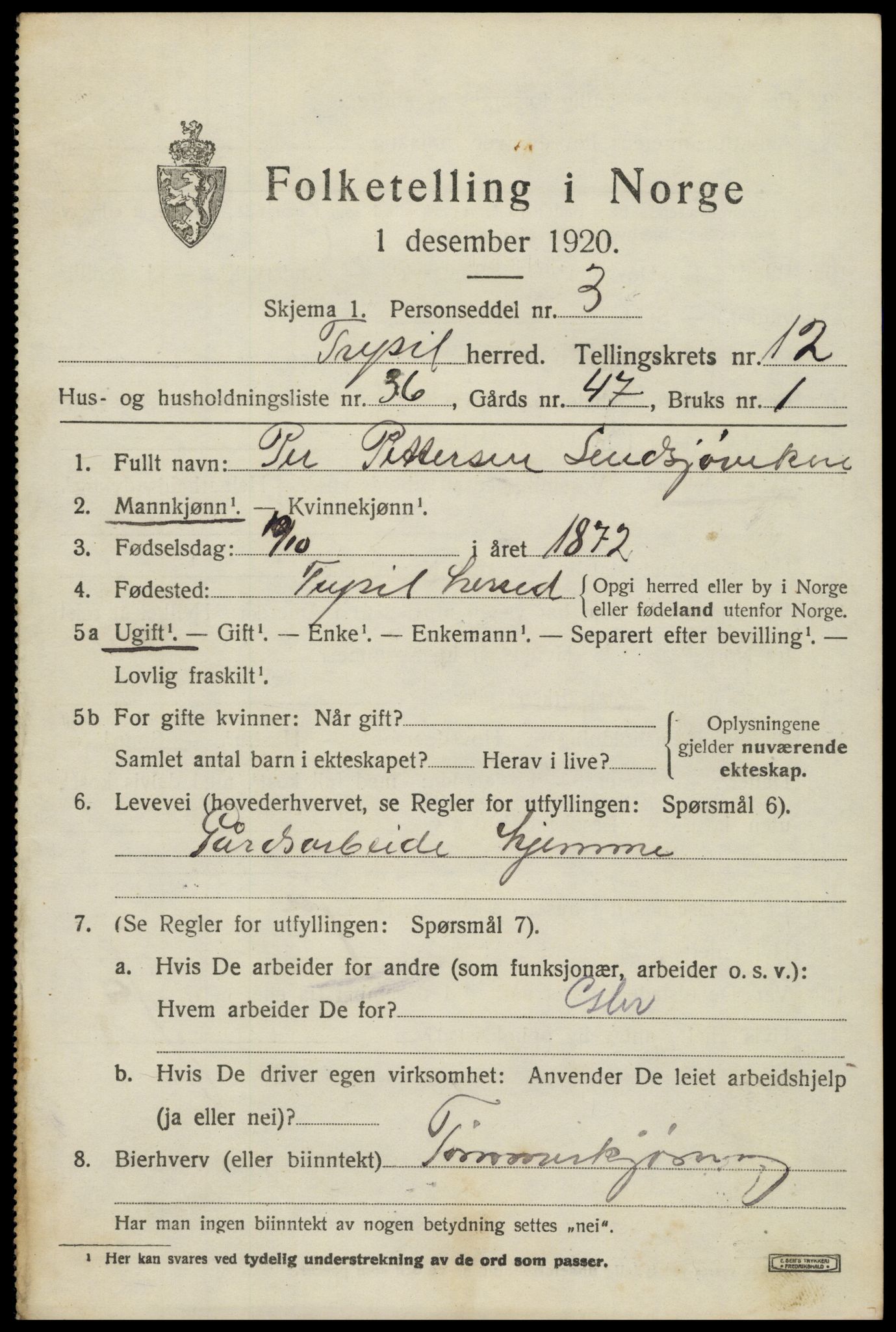 SAH, 1920 census for Trysil, 1920, p. 7591