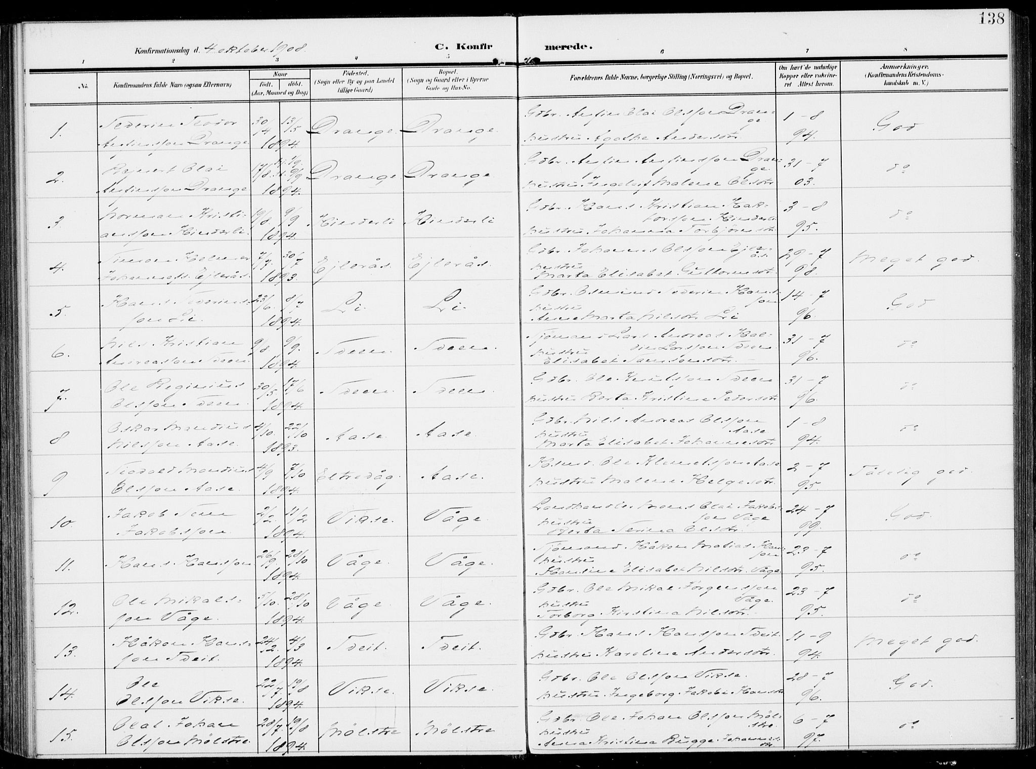 Sveio Sokneprestembete, SAB/A-78501/H/Haa: Parish register (official) no. B  4, 1906-1919, p. 138
