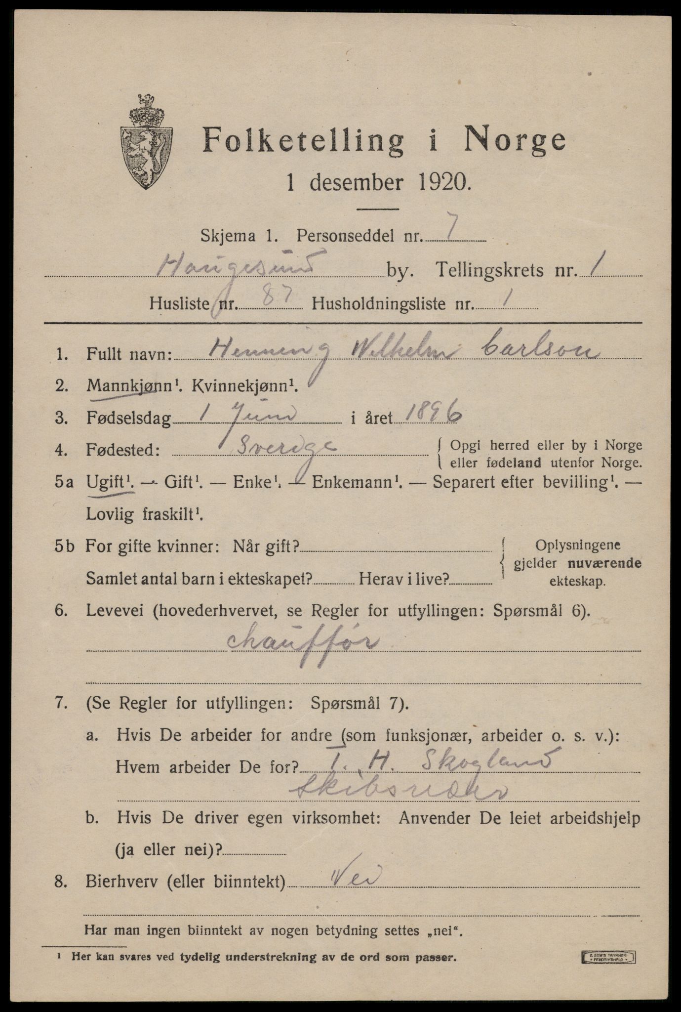 SAST, 1920 census for Haugesund, 1920, p. 12779