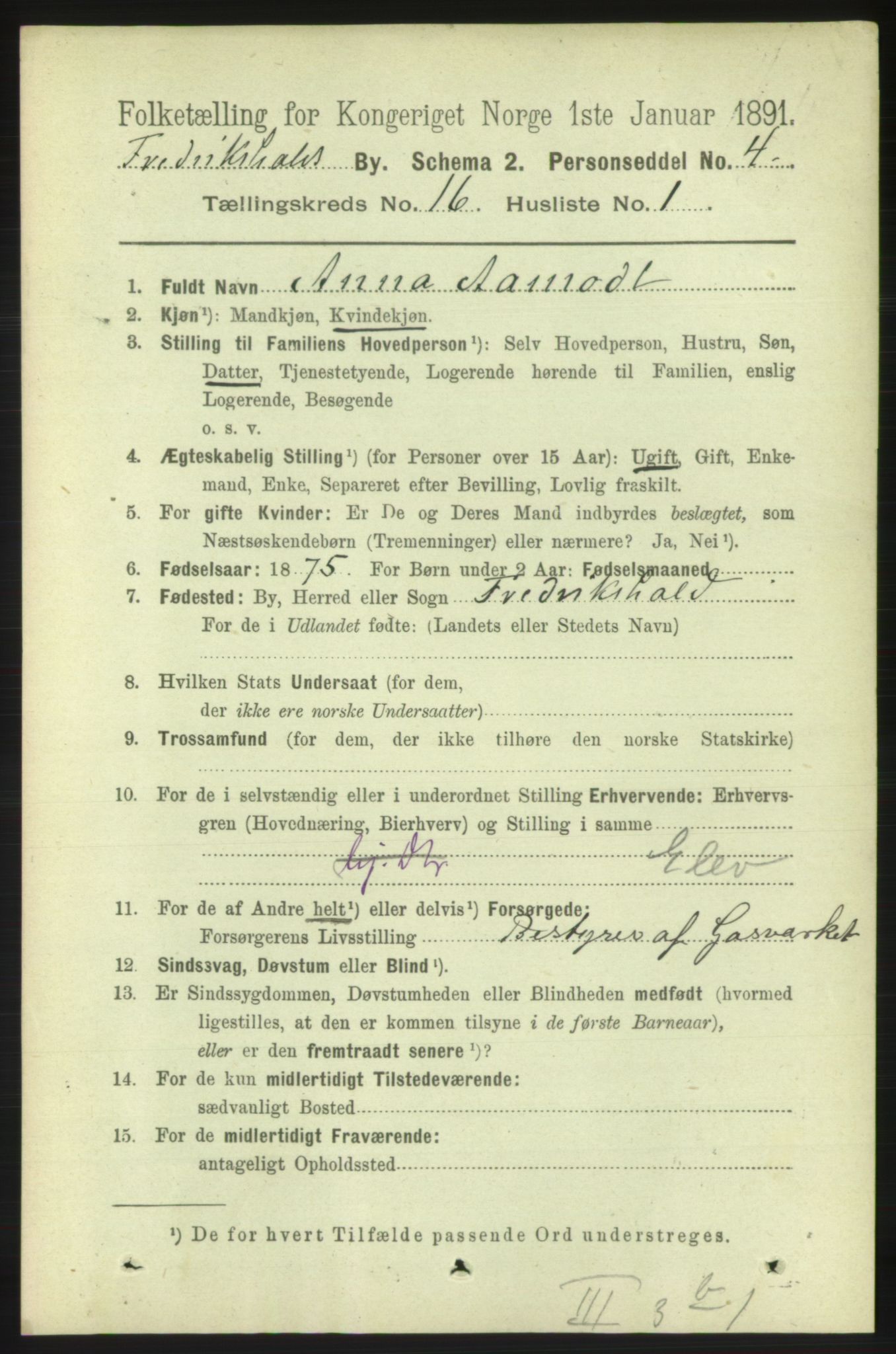 RA, 1891 census for 0101 Fredrikshald, 1891, p. 10385