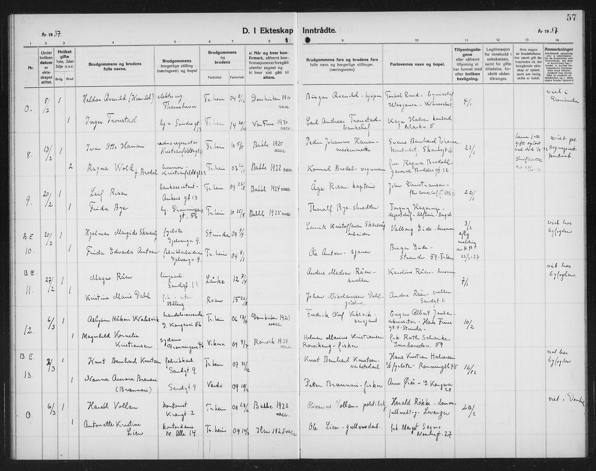 Ministerialprotokoller, klokkerbøker og fødselsregistre - Sør-Trøndelag, SAT/A-1456/602/L0152: Parish register (copy) no. 602C20, 1933-1940, p. 57