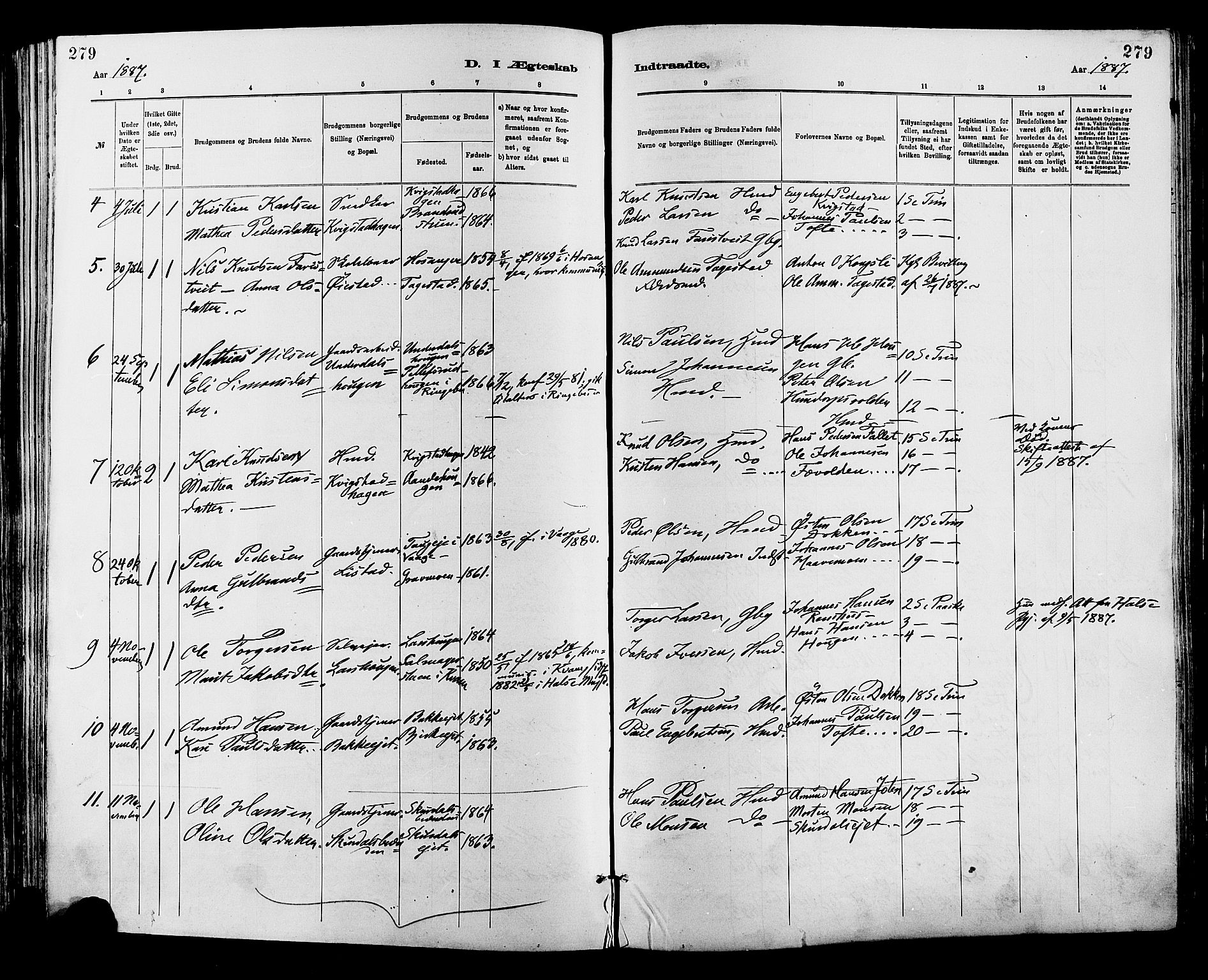 Sør-Fron prestekontor, AV/SAH-PREST-010/H/Ha/Haa/L0003: Parish register (official) no. 3, 1881-1897, p. 279