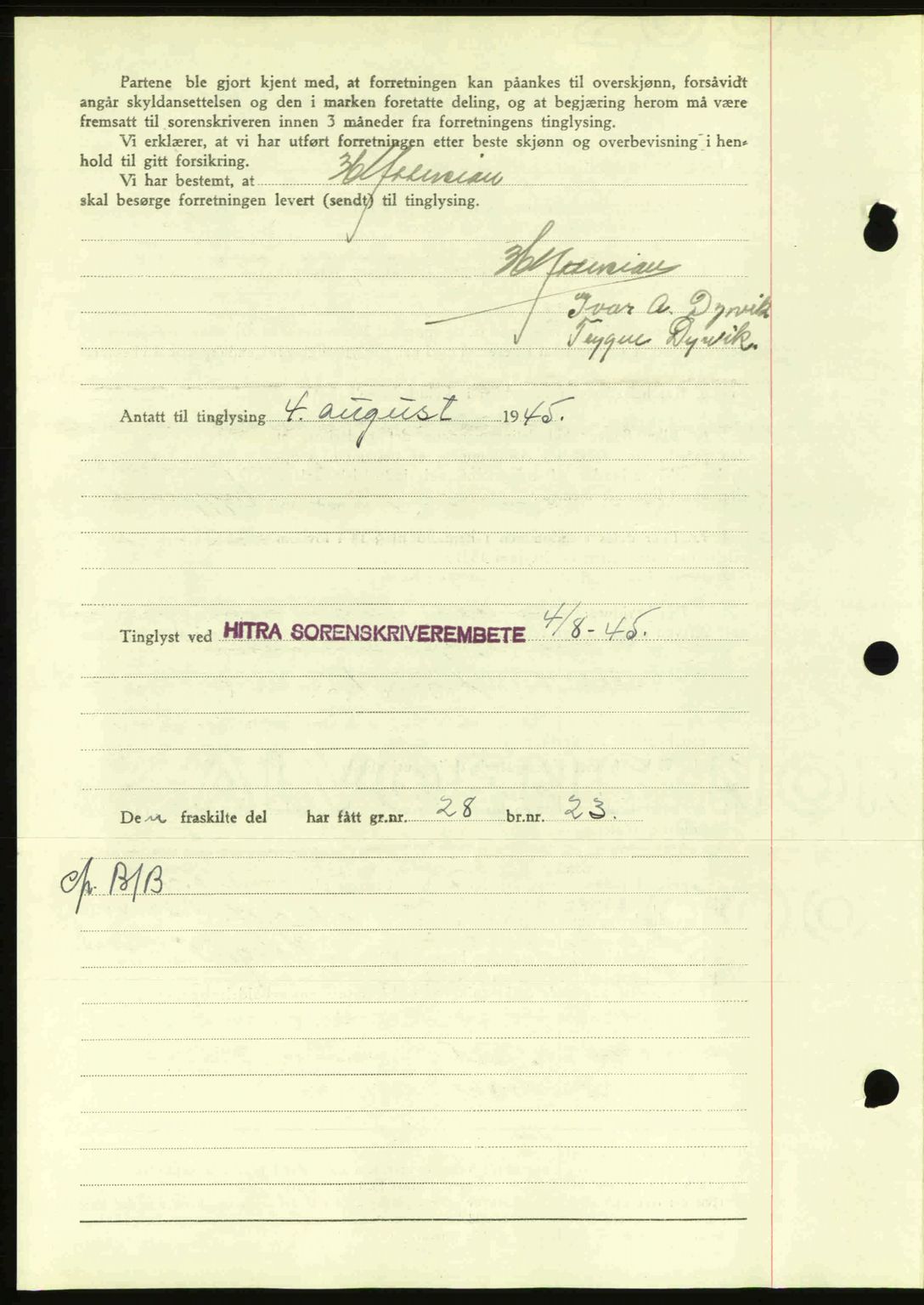 Hitra sorenskriveri, AV/SAT-A-0018/2/2C/2Ca: Mortgage book no. A2, 1943-1945, Diary no: : 440/1945