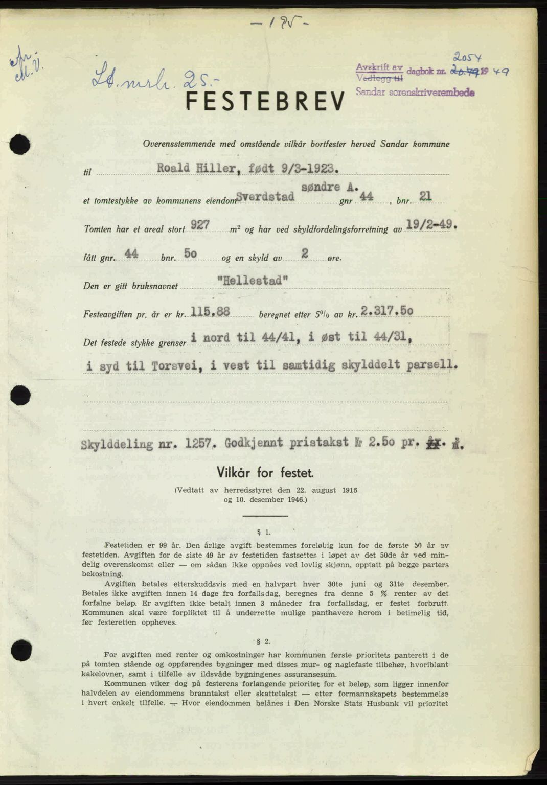Sandar sorenskriveri, SAKO/A-86/G/Ga/Gaa/L0019: Mortgage book no. A-19, 1949-1949, Diary no: : 2054/1949