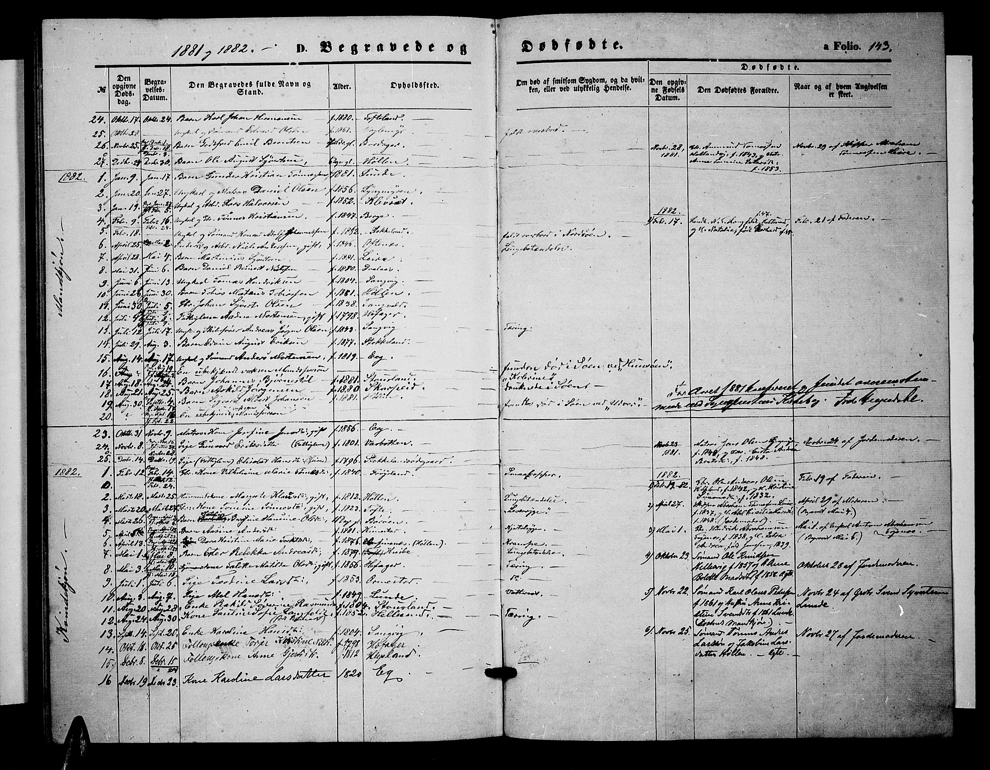 Søgne sokneprestkontor, SAK/1111-0037/F/Fb/Fbb/L0004: Parish register (copy) no. B 4, 1864-1883, p. 143