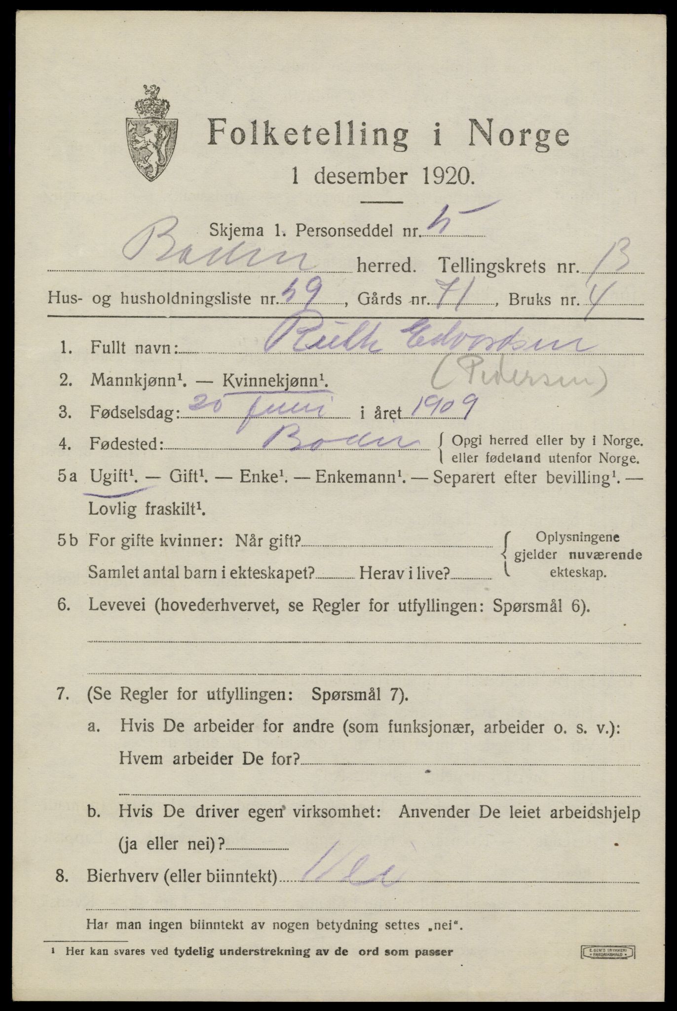 SAT, 1920 census for Bodin, 1920, p. 10048