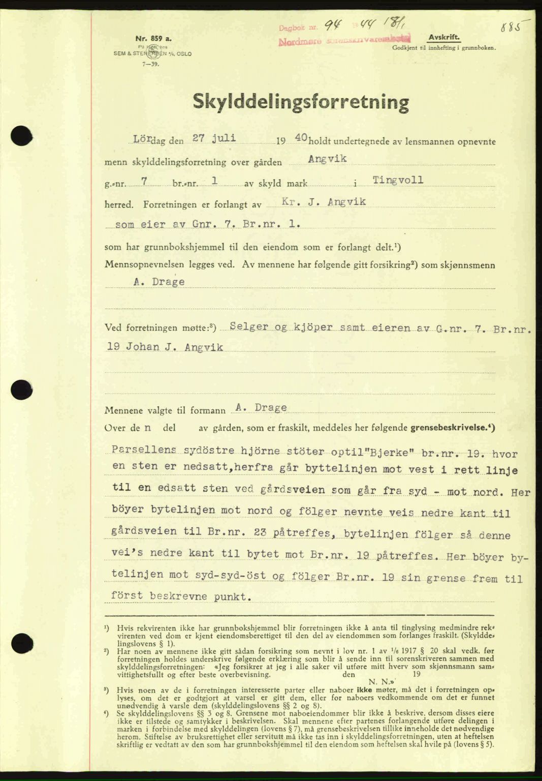 Nordmøre sorenskriveri, AV/SAT-A-4132/1/2/2Ca: Mortgage book no. A96, 1943-1944, Diary no: : 94/1944