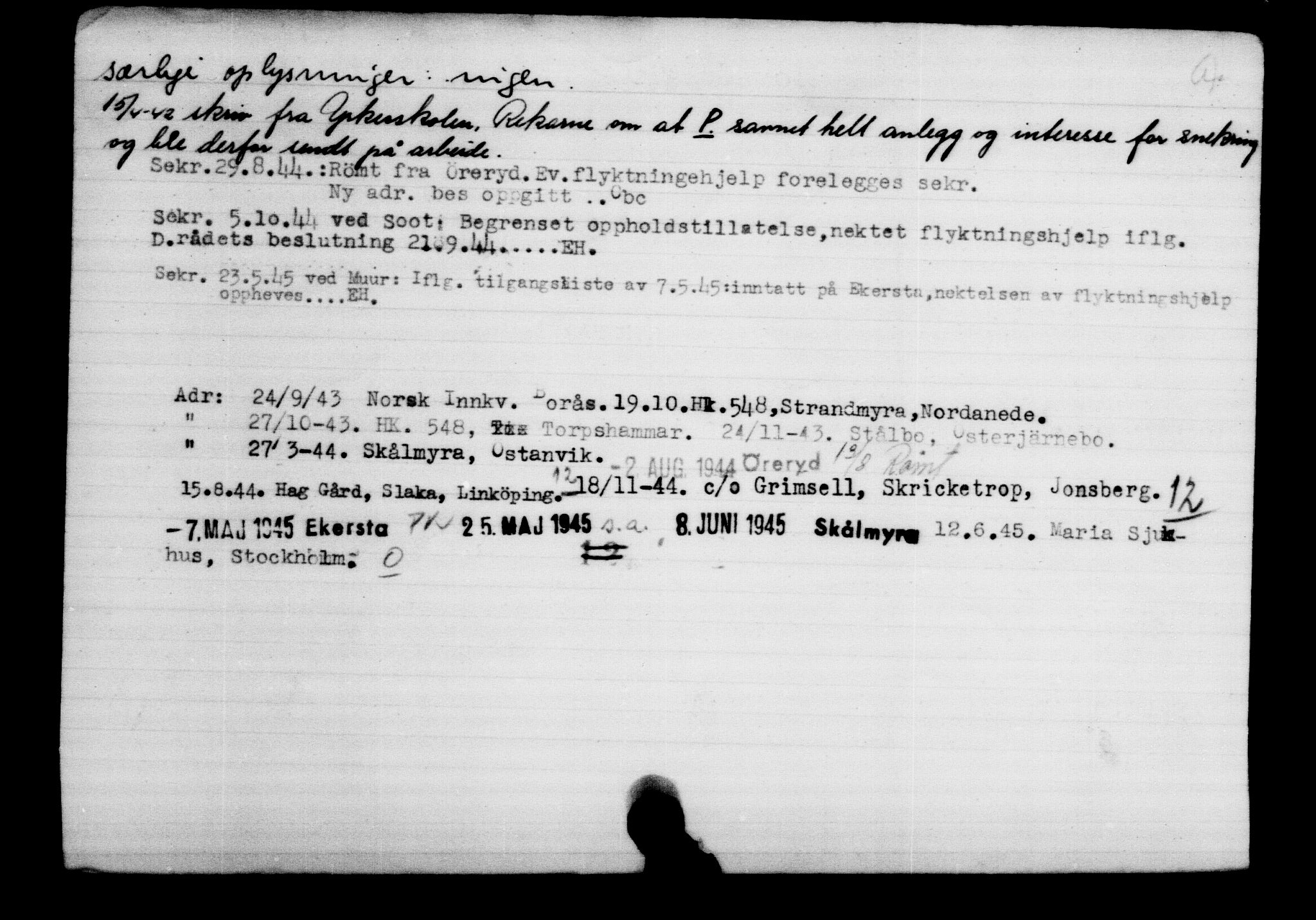 Utenriksstasjonene, Legasjonen i Stockholm, Flyktningkontoret, AV/RA-S-6753/V/Va/L0002: Kjesäterkartoteket, flyktninger med registreringsnr. 1001-2000, 1940-1945, p. 2
