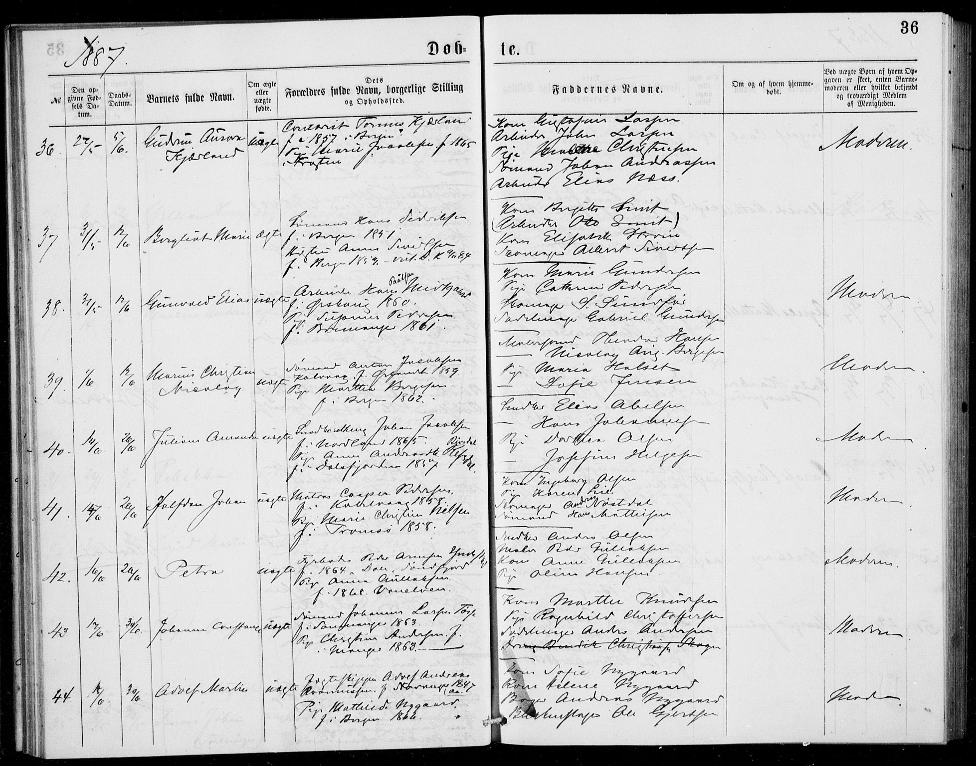 Fødselsstiftelsens sokneprestembete, ført av overlegen*, SAB/-: Parish register (official) no. A 2, 1884-1900, p. 36