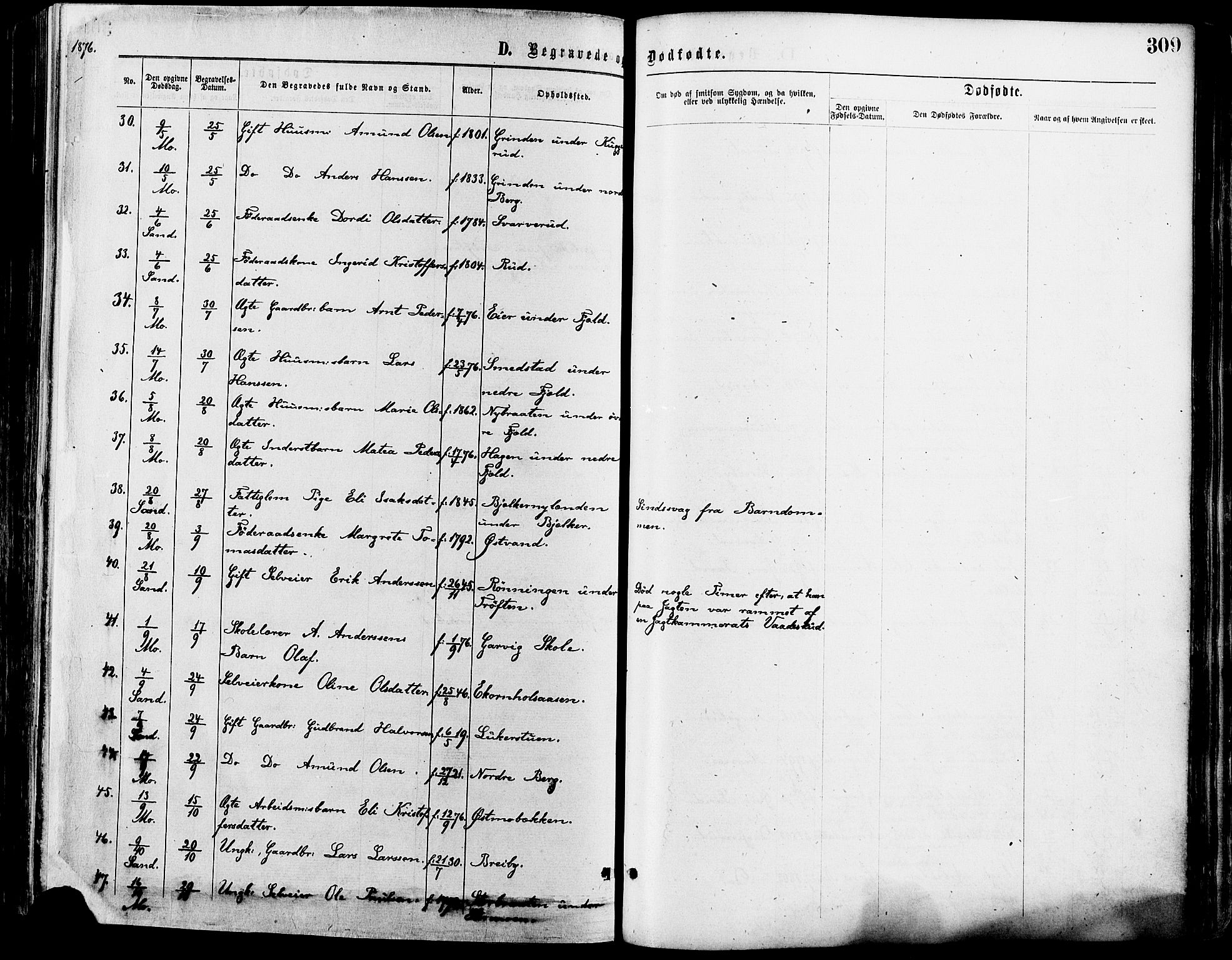 Nord-Odal prestekontor, SAH/PREST-032/H/Ha/Haa/L0005: Parish register (official) no. 5, 1874-1885, p. 309