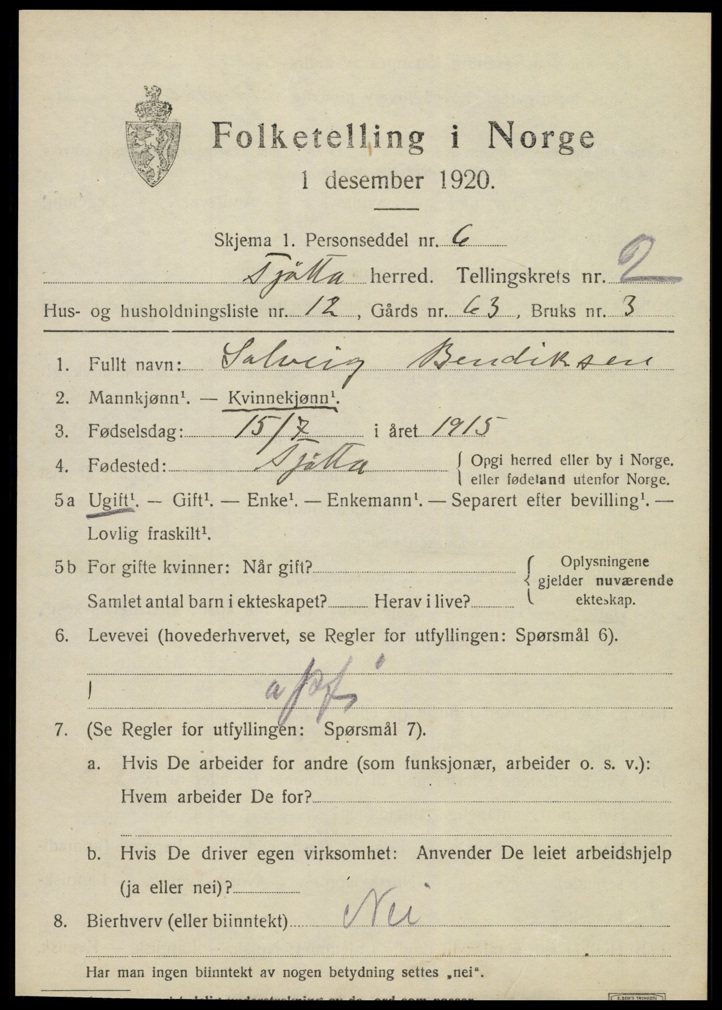 SAT, 1920 census for Tjøtta, 1920, p. 1419