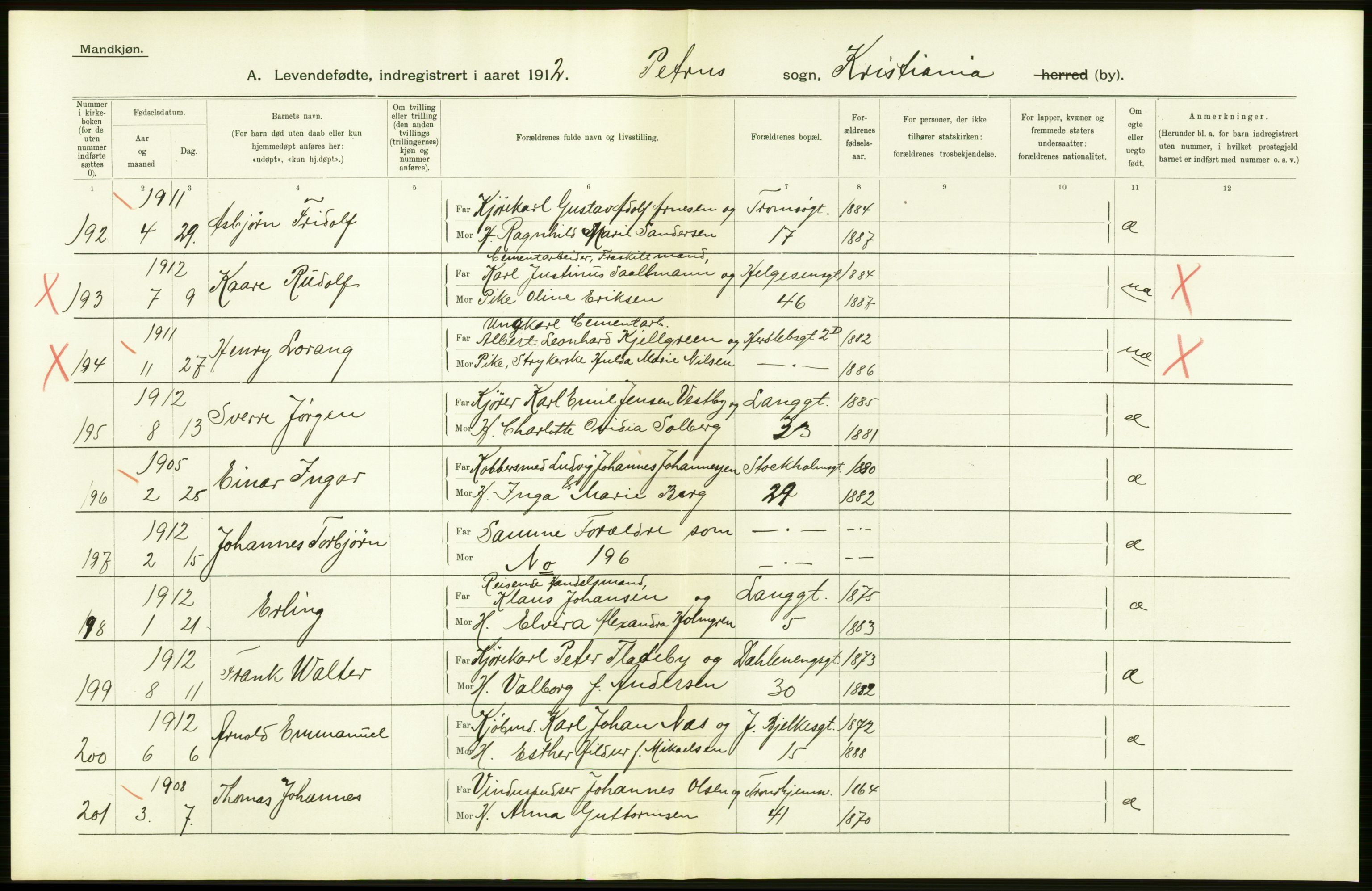 Statistisk sentralbyrå, Sosiodemografiske emner, Befolkning, AV/RA-S-2228/D/Df/Dfb/Dfbb/L0006: Kristiania:  Levendefødte menn og kvinner., 1912, p. 502