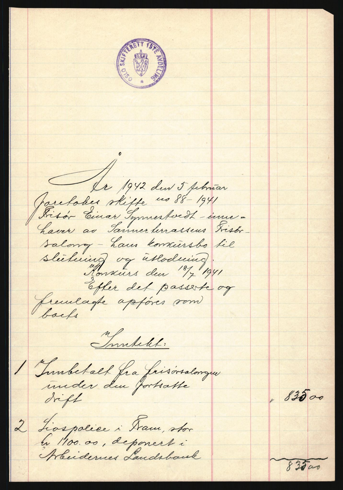 Oslo skifterett, AV/SAO-A-10383/H/Hd/Hdb/L0049: Skifteutlodningsprotokoll - avd. I, 1942