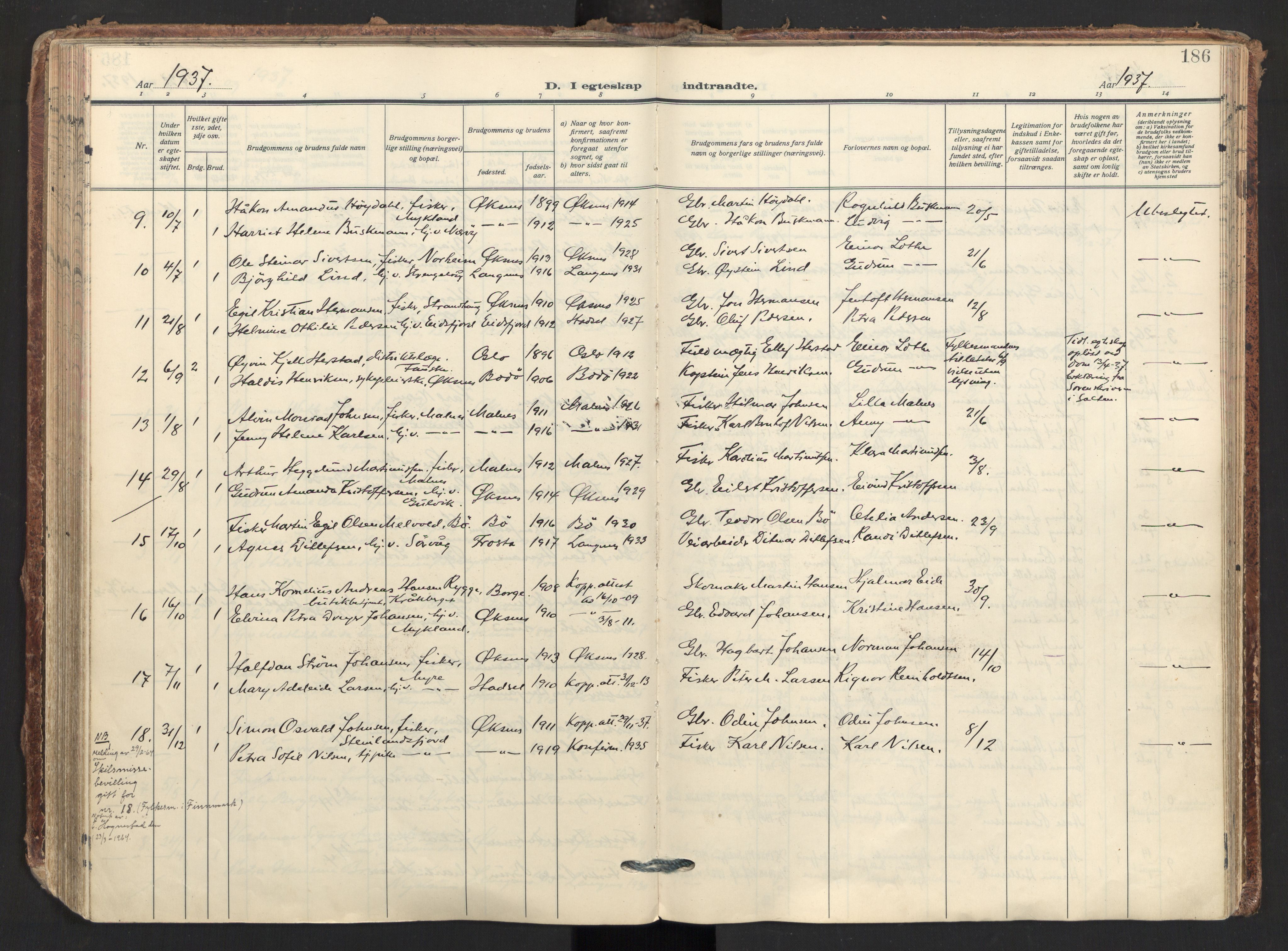 Ministerialprotokoller, klokkerbøker og fødselsregistre - Nordland, AV/SAT-A-1459/893/L1344: Parish register (official) no. 893A16, 1929-1946, p. 186