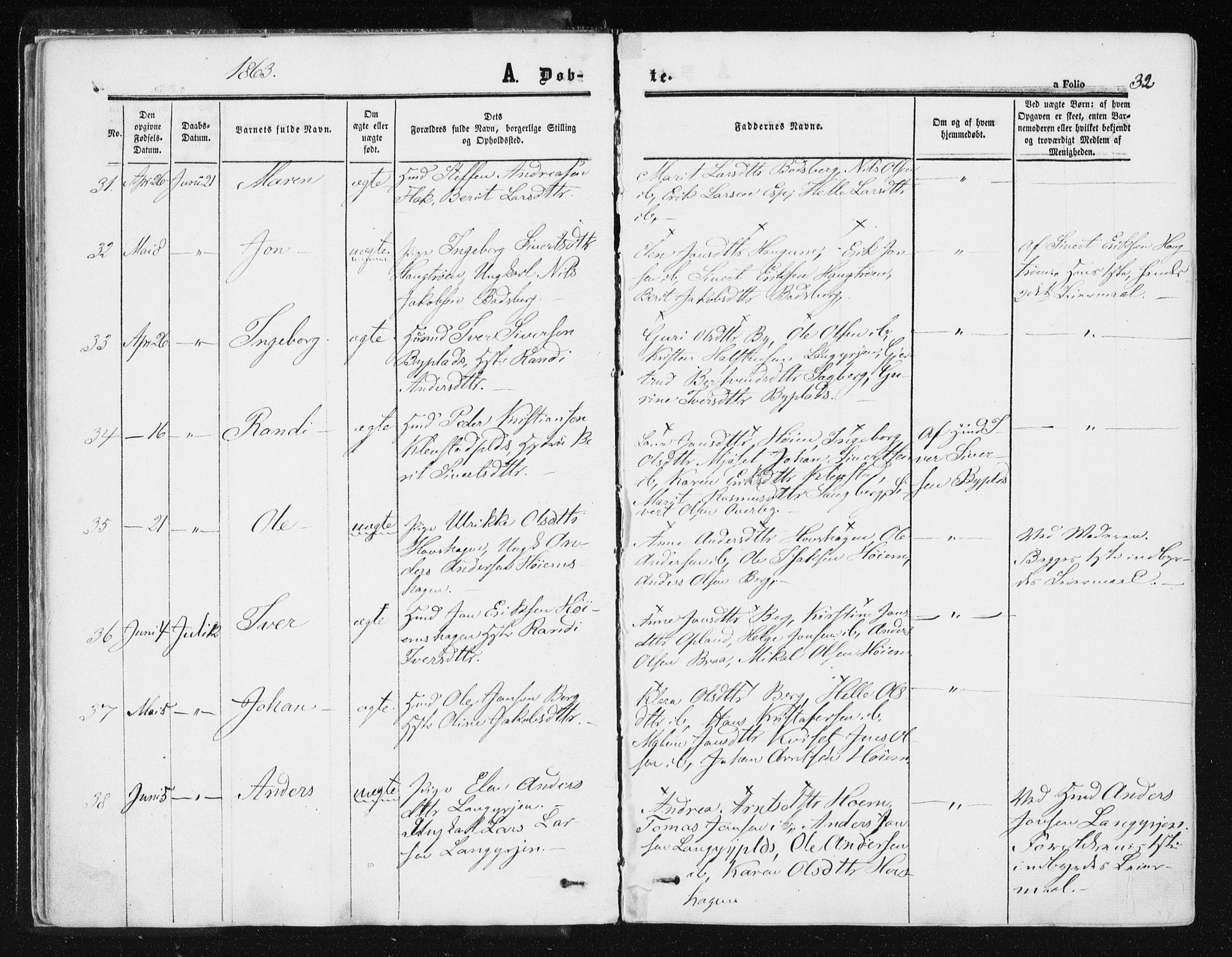 Ministerialprotokoller, klokkerbøker og fødselsregistre - Sør-Trøndelag, AV/SAT-A-1456/612/L0377: Parish register (official) no. 612A09, 1859-1877, p. 32