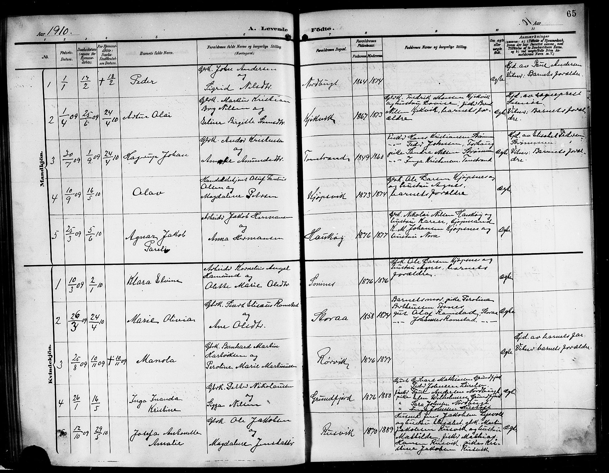 Ministerialprotokoller, klokkerbøker og fødselsregistre - Nordland, AV/SAT-A-1459/861/L0877: Parish register (copy) no. 861C03, 1903-1919, p. 65