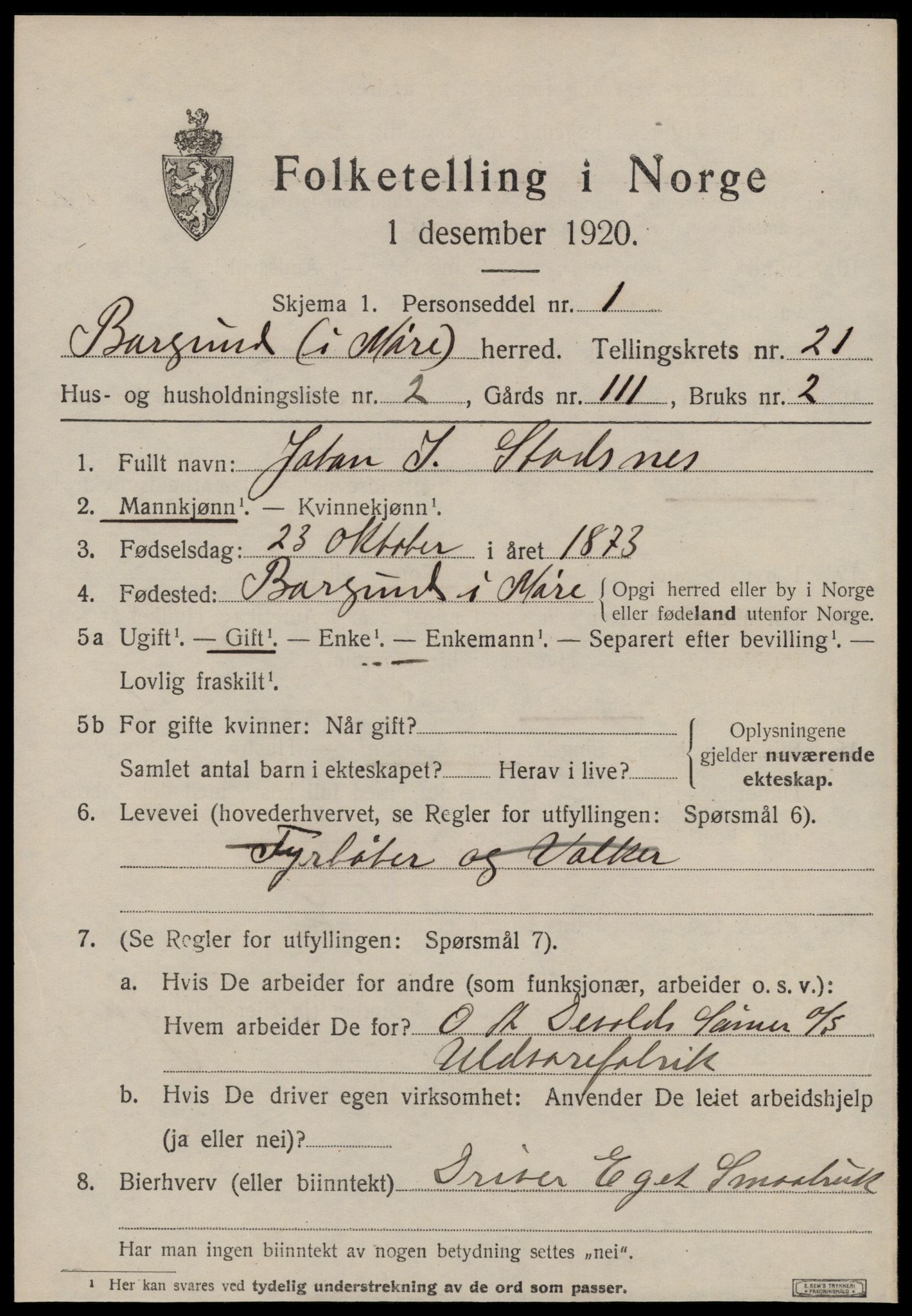 SAT, 1920 census for Borgund, 1920, p. 14308