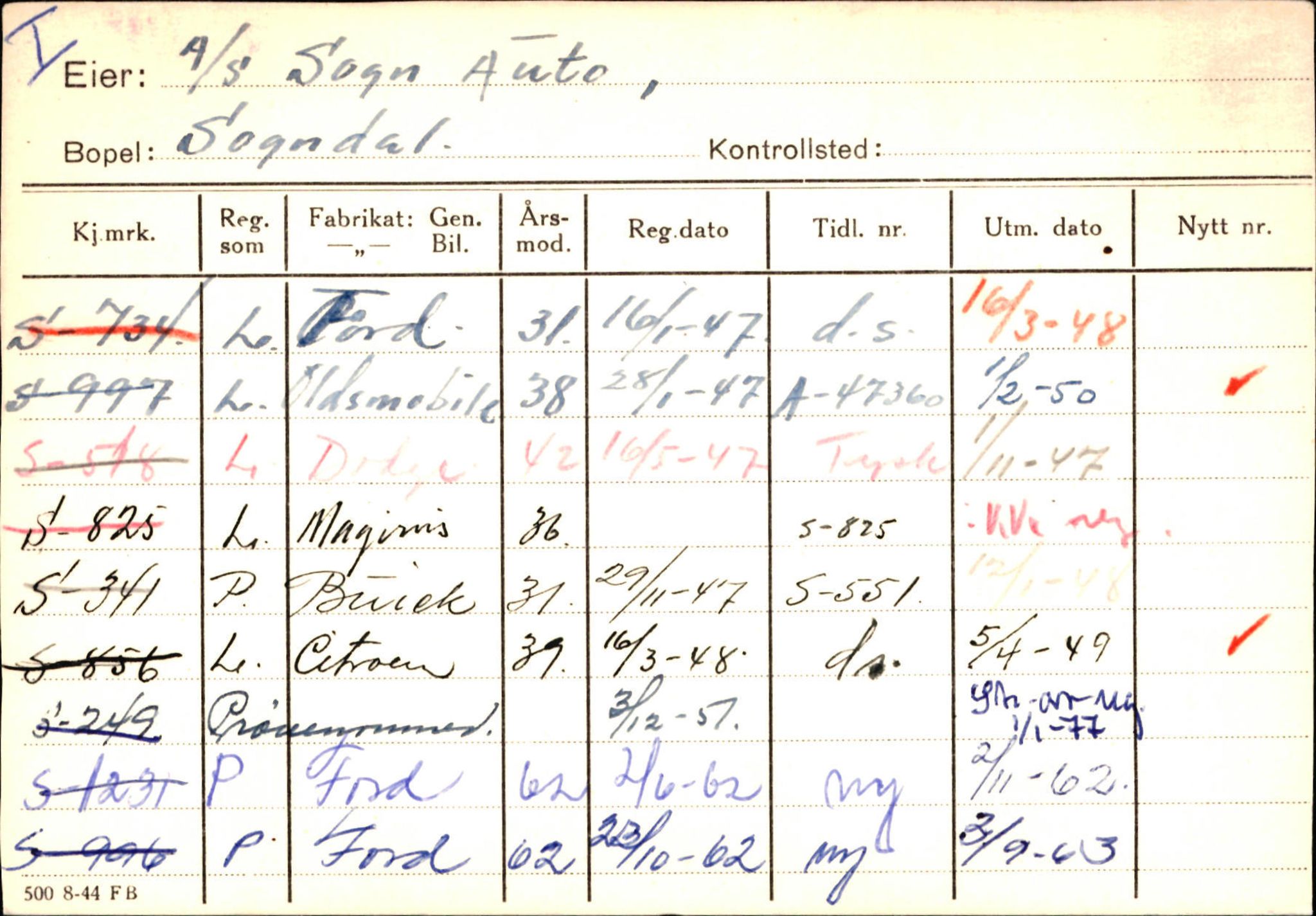 Statens vegvesen, Sogn og Fjordane vegkontor, SAB/A-5301/4/F/L0124: Eigarregister Sogndal A-U, 1945-1975, p. 2263