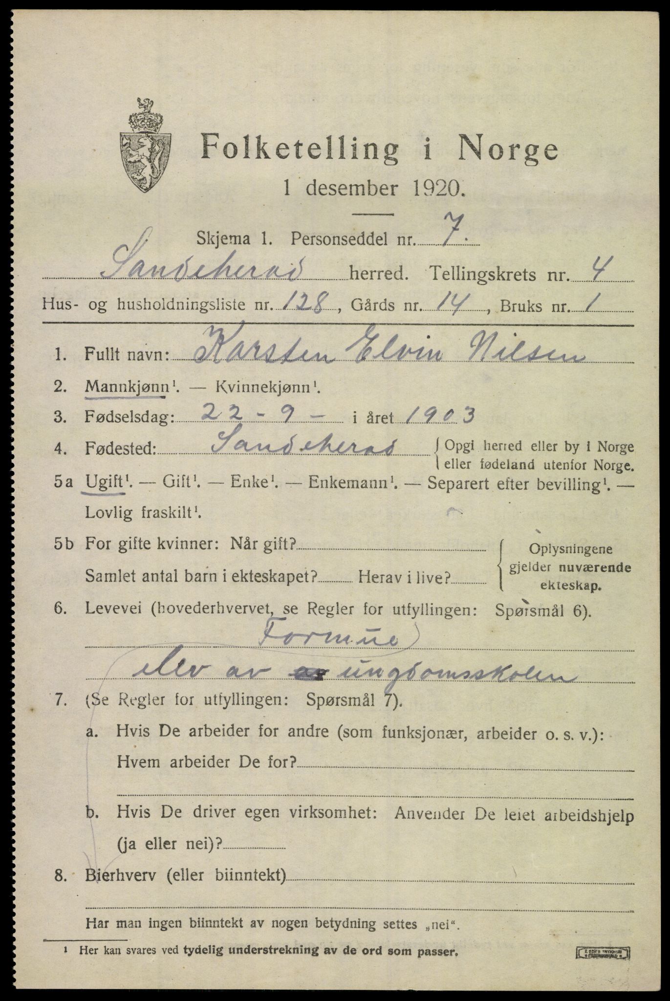 SAKO, 1920 census for Sandeherred, 1920, p. 8044