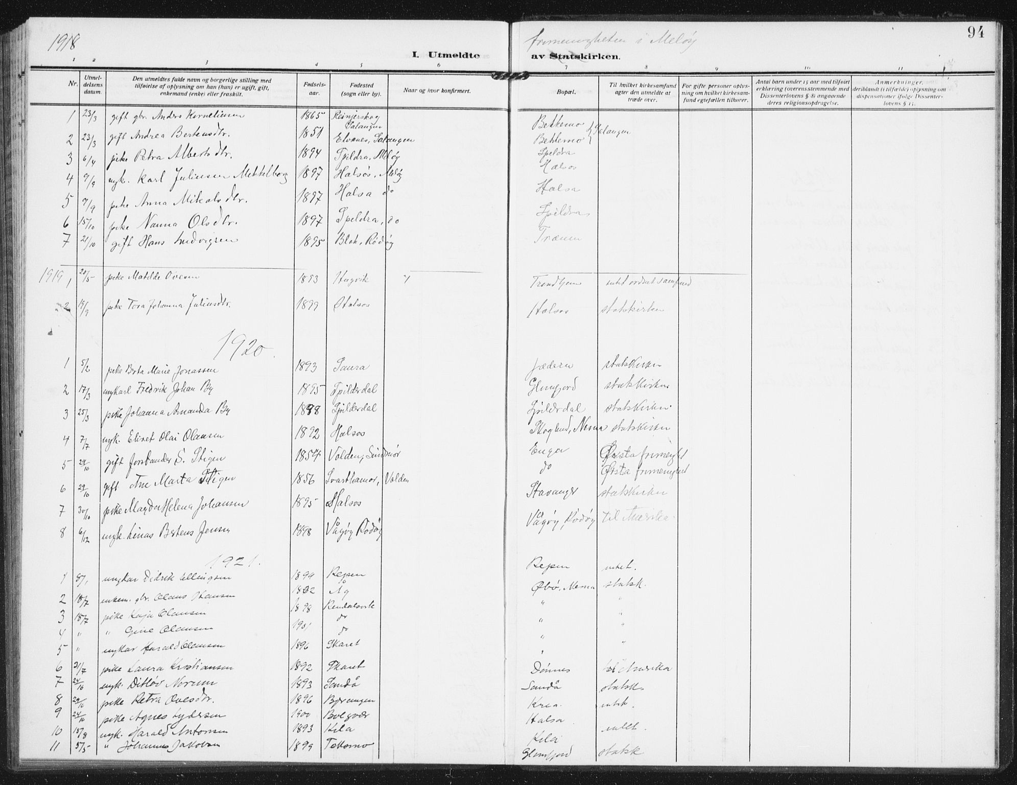Ministerialprotokoller, klokkerbøker og fødselsregistre - Nordland, SAT/A-1459/843/L0629: Parish register (official) no. 843A04, 1907-1925, p. 94