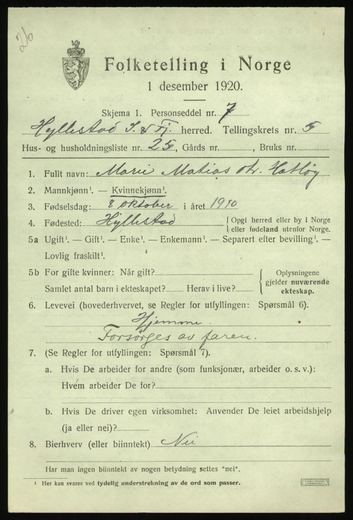 SAB, 1920 census for Hyllestad, 1920, p. 2664