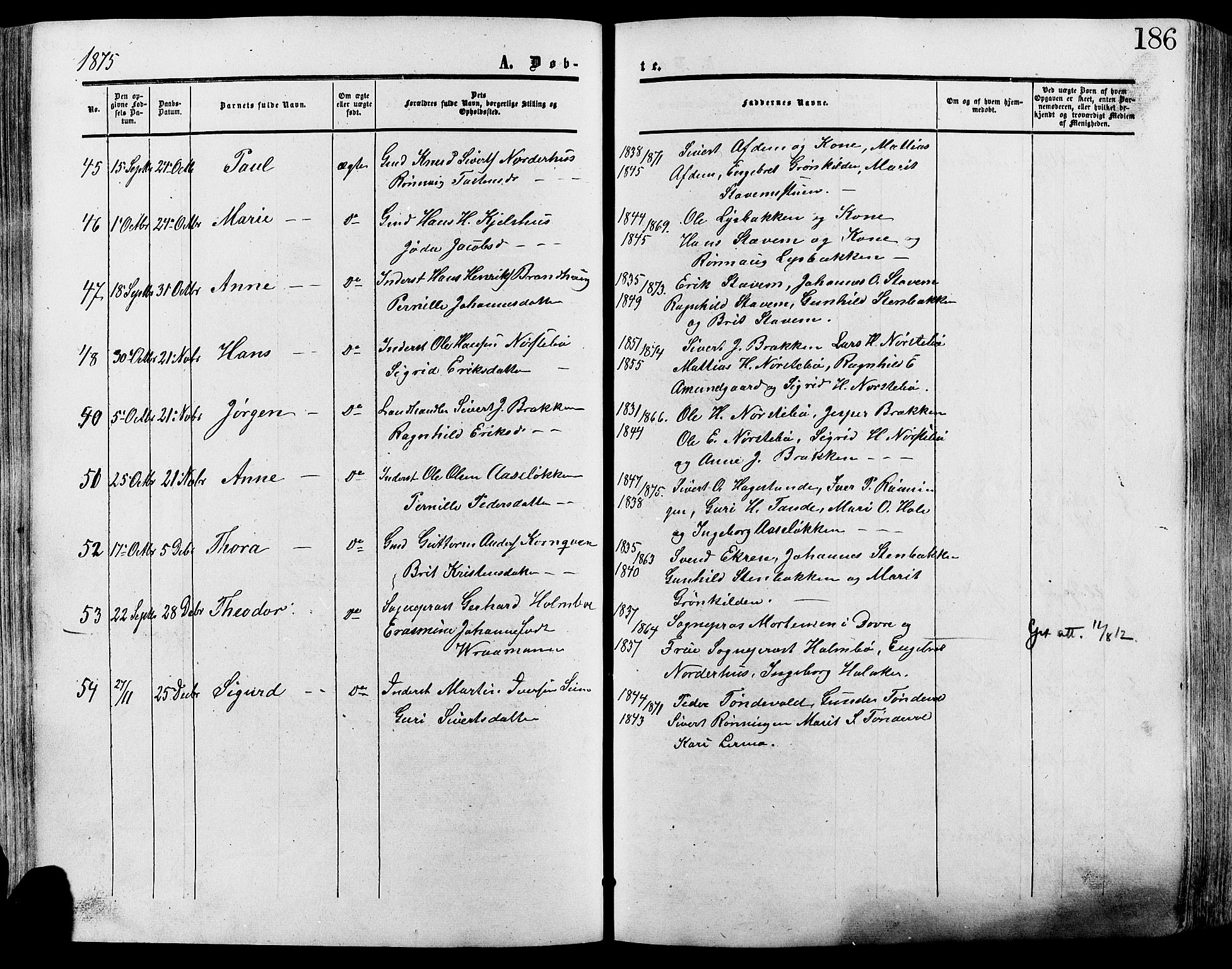 Lesja prestekontor, SAH/PREST-068/H/Ha/Haa/L0008: Parish register (official) no. 8, 1854-1880, p. 186