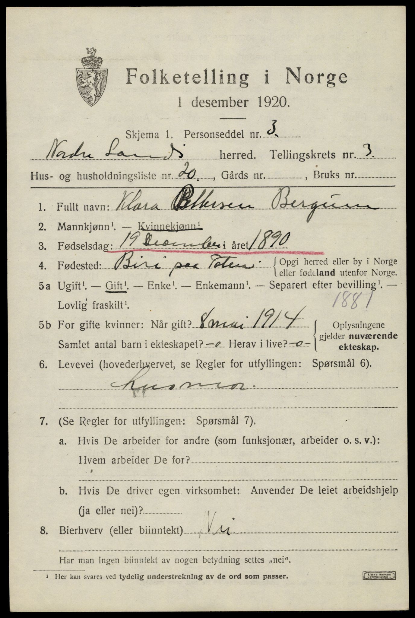 SAH, 1920 census for Nordre Land, 1920, p. 2451