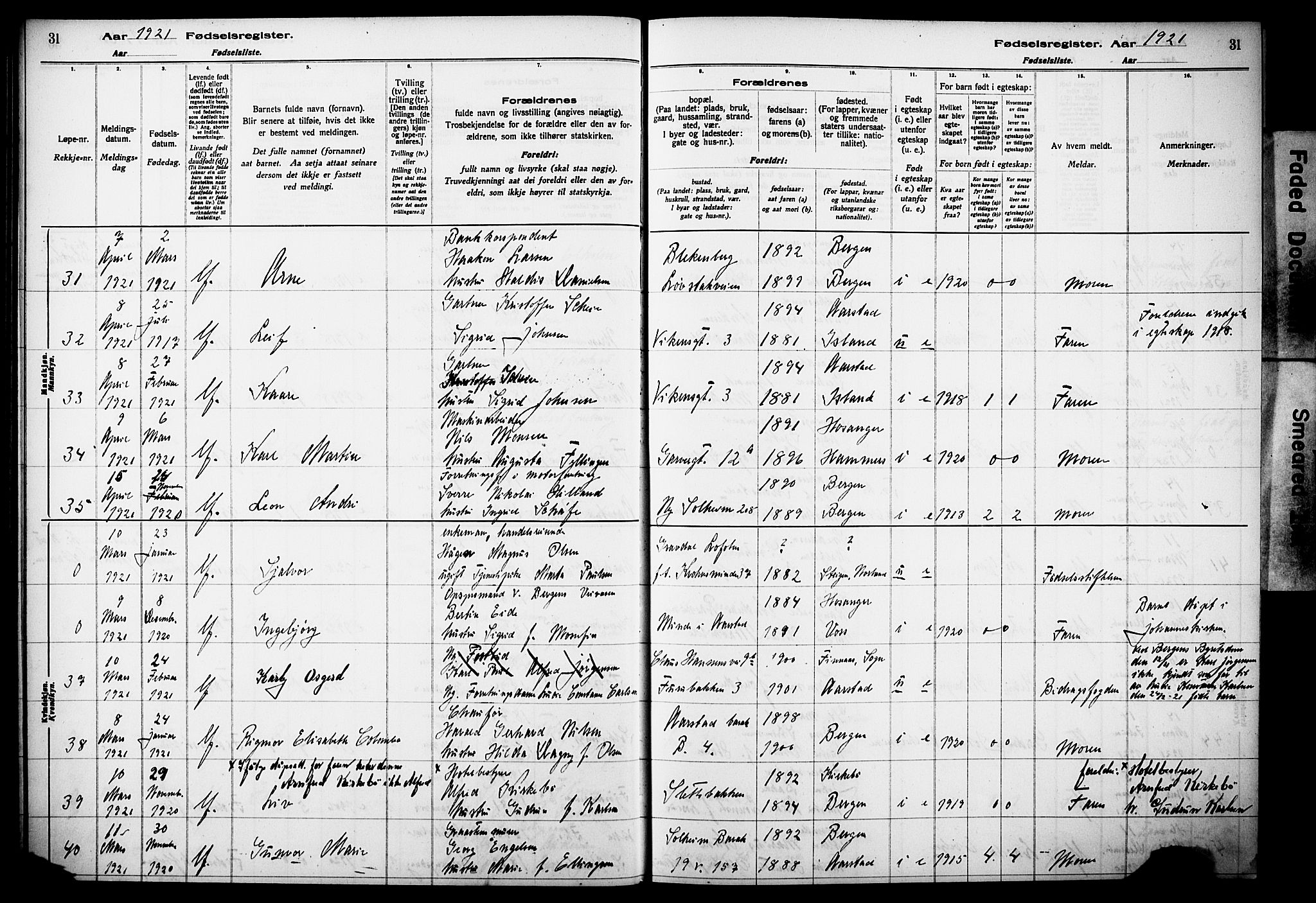 Årstad Sokneprestembete, AV/SAB-A-79301/I/Id/L0A02: Birth register no. A 2, 1920-1924, p. 31