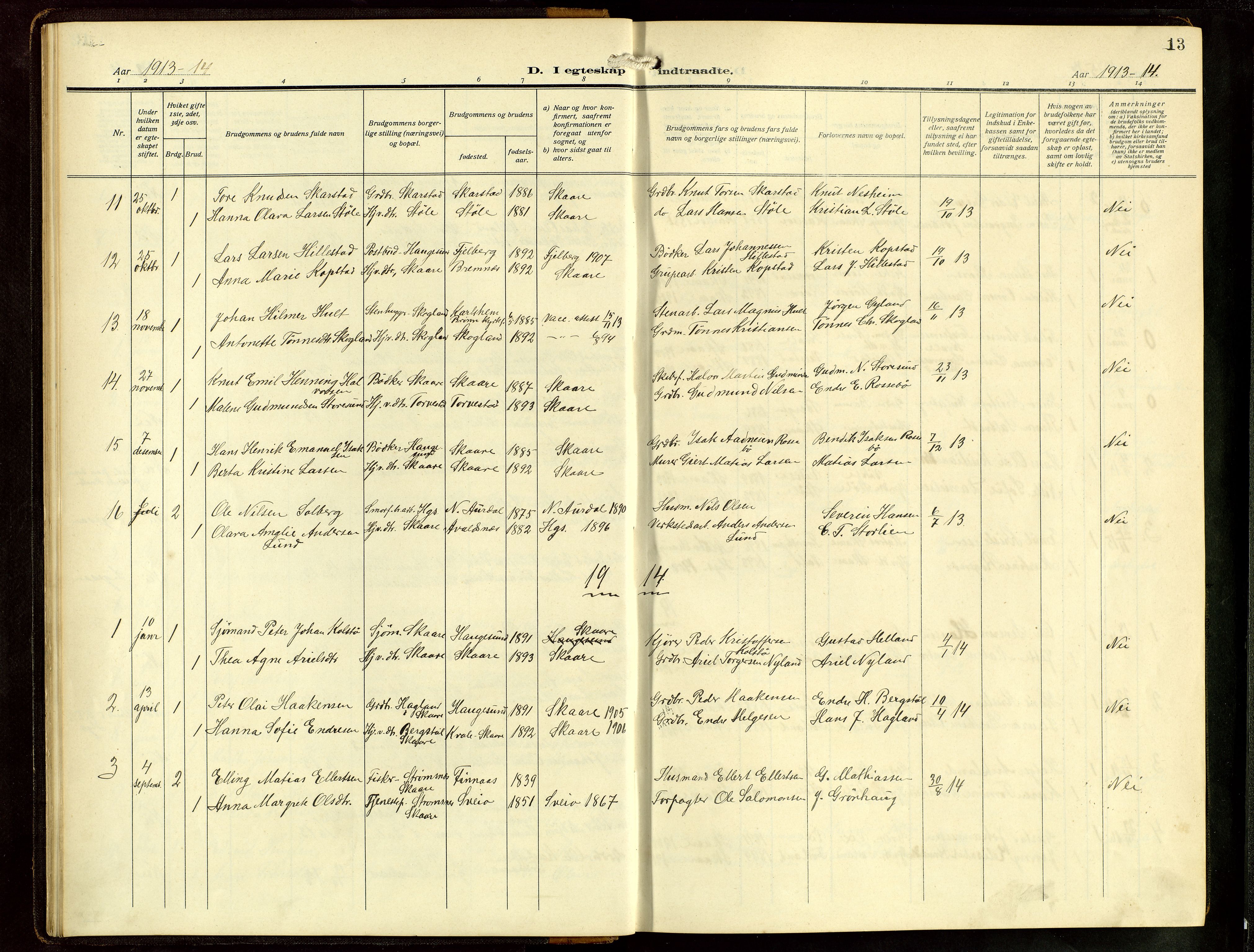 Haugesund sokneprestkontor, AV/SAST-A -101863/H/Ha/Hab/L0006: Parish register (copy) no. B 9, 1909-1951, p. 13