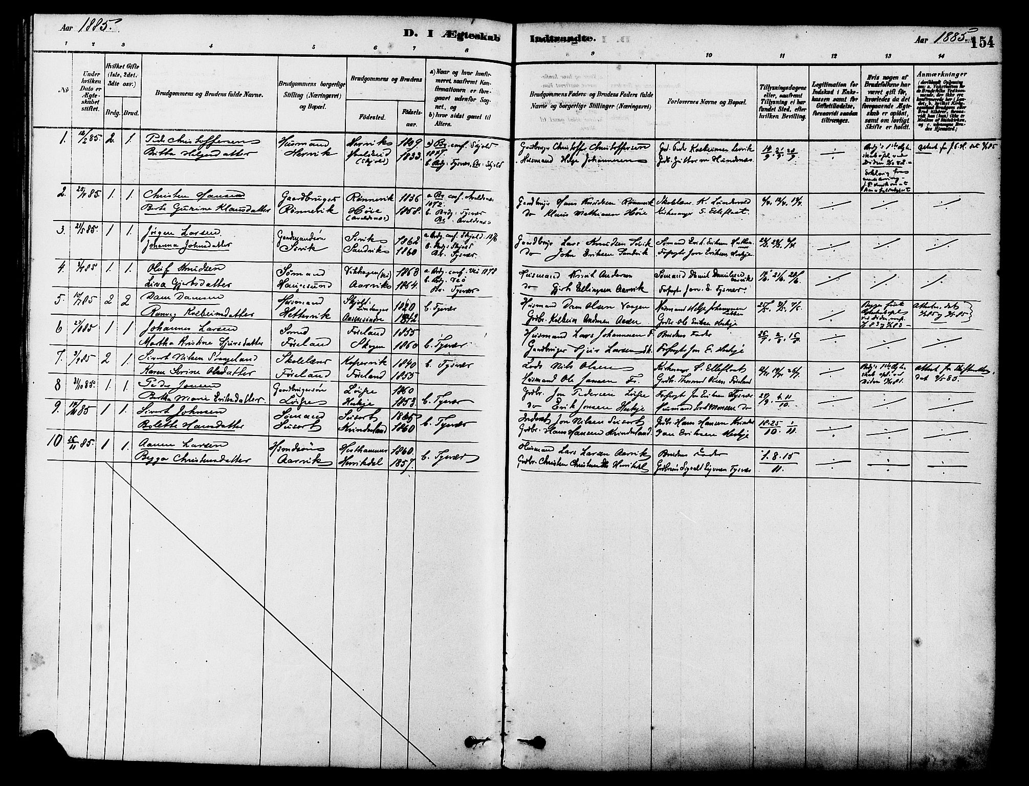 Tysvær sokneprestkontor, SAST/A -101864/H/Ha/Haa/L0006: Parish register (official) no. A 6, 1878-1896, p. 154